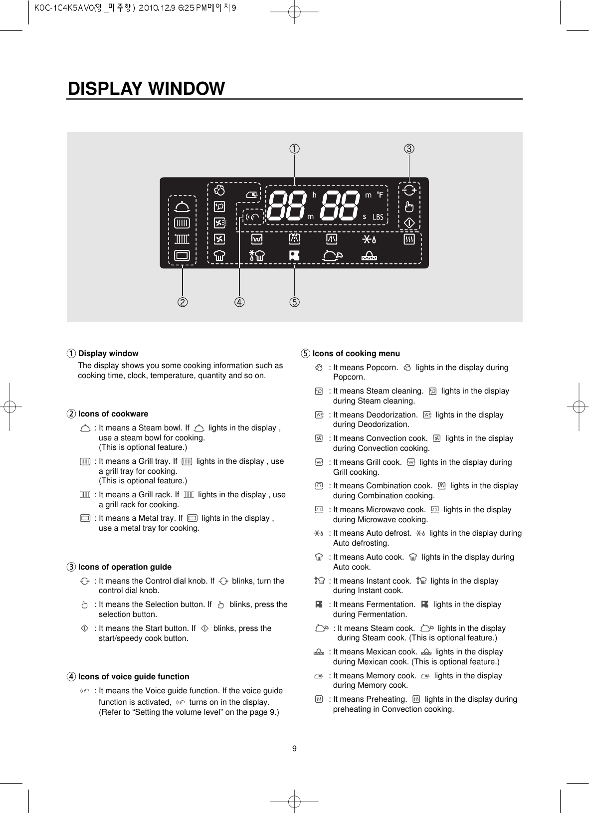 91Display windowThe display shows you some cooking information such ascooking time, clock, temperature, quantity and so on.2Icons of cookware: It means a Steam bowl. If  lights in the display ,use a steam bowl for cooking. (This is optional feature.): It means a Grill tray. If  lights in the display , usea grill tray for cooking.(This is optional feature.): It means a Grill rack. If  lights in the display , usea grill rack for cooking.: It means a Metal tray. If  lights in the display ,use a metal tray for cooking.3Icons of operation guide: It means the Control dial knob. If  blinks, turn thecontrol dial knob. : It means the Selection button. If  blinks, press theselection button.: It means the Start button. If  blinks, press thestart/speedy cook button.4Icons of voice guide function: It means the Voice guide function. If the voice guidefunction is activated,  turns on in the display.(Refer to “Setting the volume level” on the page 9.)5Icons of cooking menu: It means Popcorn.  lights in the display duringPopcorn.: It means Steam cleaning.  lights in the displayduring Steam cleaning.: It means Deodorization.  lights in the displayduring Deodorization.: It means Convection cook.  lights in the displayduring Convection cooking.: It means Grill cook.  lights in the display duringGrill cooking.: It means Combination cook.  lights in the displayduring Combination cooking.: It means Microwave cook.  lights in the displayduring Microwave cooking.: It means Auto defrost.  lights in the display duringAuto defrosting.: It means Auto cook.  lights in the display duringAuto cook.: It means Instant cook.  lights in the displayduring Instant cook.: It means Fermentation.  lights in the displayduring Fermentation.: It means Steam cook.  lights in the displayduring Steam cook. (This is optional feature.): It means Mexican cook.  lights in the displayduring Mexican cook. (This is optional feature.): It means Memory cook.  lights in the displayduring Memory cook.: It means Preheating.  lights in the display duringpreheating in Convection cooking.DISPLAY WINDOW