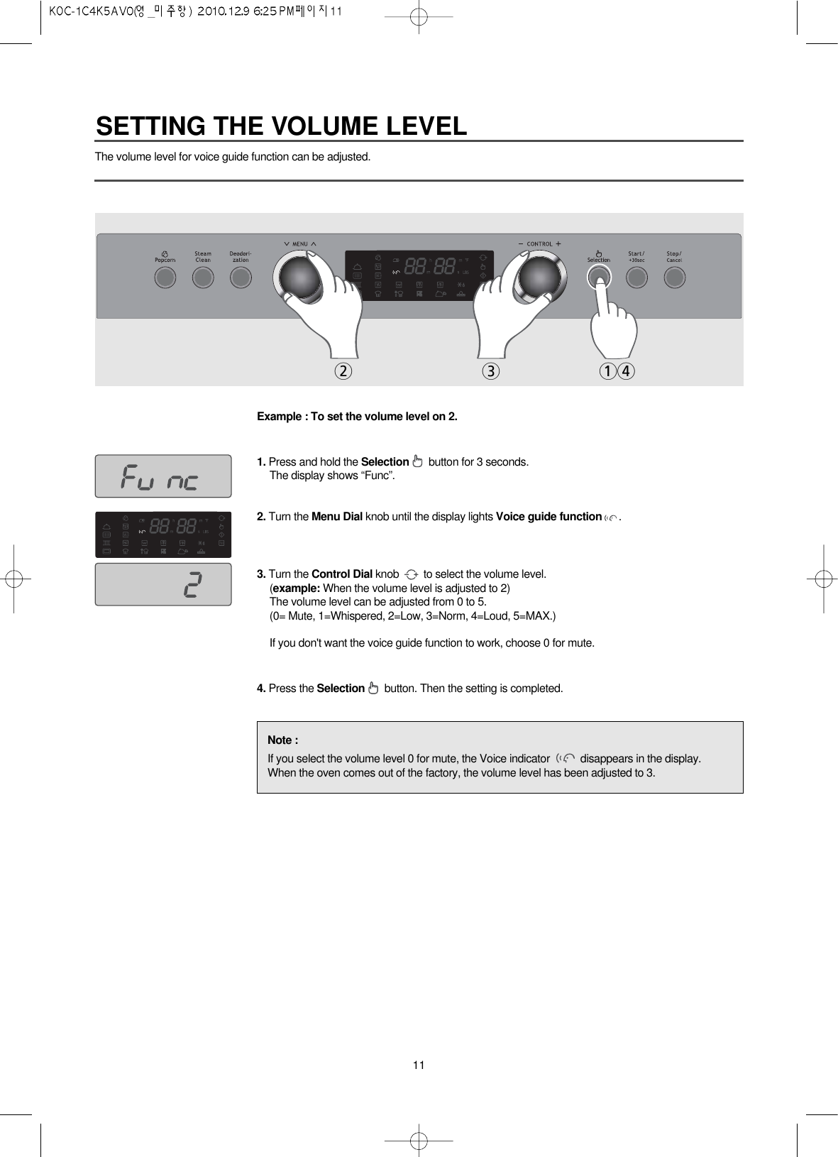 11The volume level for voice guide function can be adjusted.Example : To set the volume level on 2.1. Press and hold the Selection button for 3 seconds.The display shows “Func”.2. Turn the Menu Dial knob until the display lights Voice guide function .3. Turn the Control Dial knob  to select the volume level.(example: When the volume level is adjusted to 2)The volume level can be adjusted from 0 to 5.(0= Mute, 1=Whispered, 2=Low, 3=Norm, 4=Loud, 5=MAX.)If you don&apos;t want the voice guide function to work, choose 0 for mute.4. Press the Selection button. Then the setting is completed.Note :If you select the volume level 0 for mute, the Voice indicator  disappears in the display.When the oven comes out of the factory, the volume level has been adjusted to 3.2314SETTING THE VOLUME LEVEL