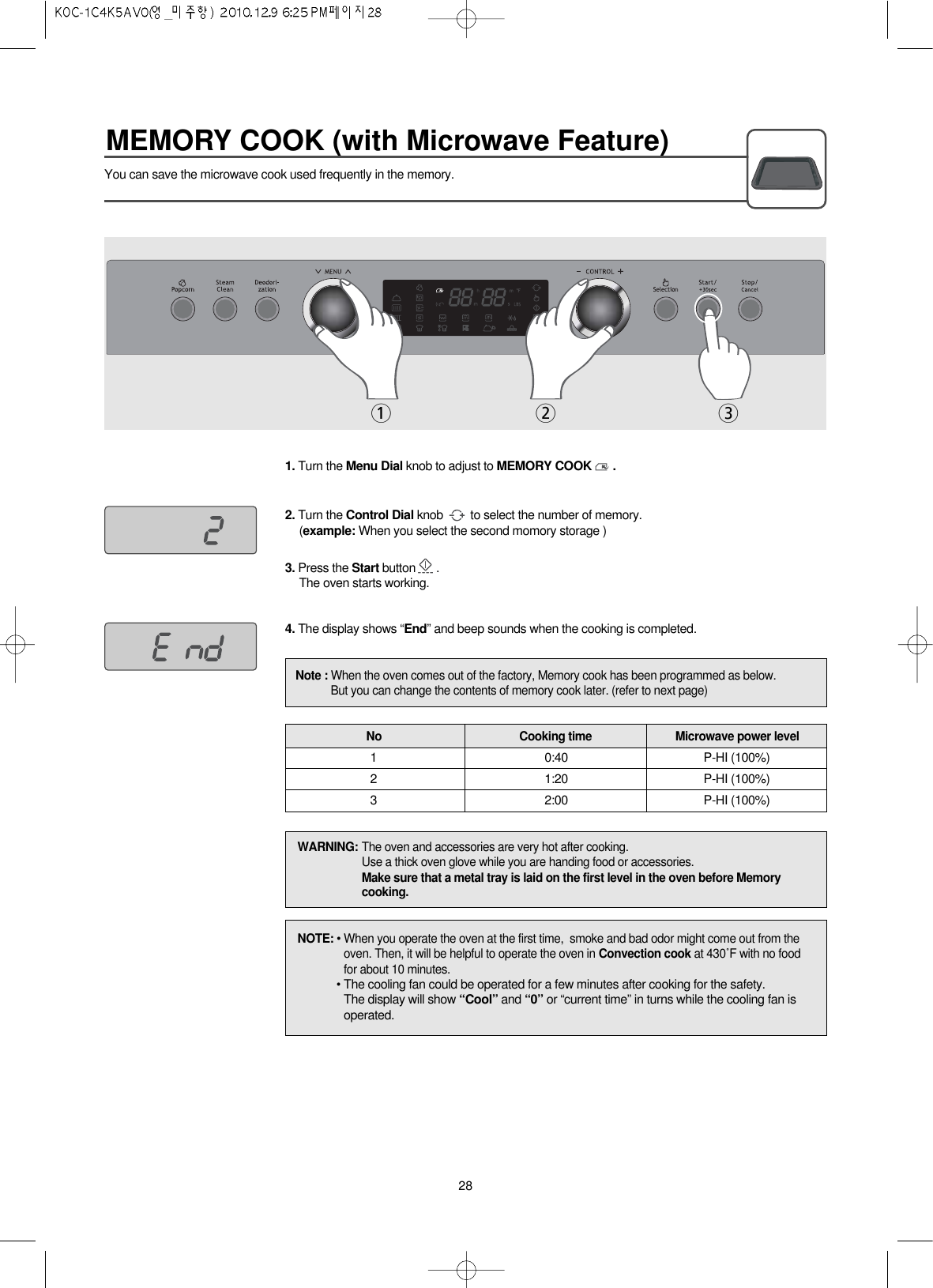 MEMORY COOK (with Microwave Feature)28You can save the microwave cook used frequently in the memory.1. Turn the Menu Dial knob to adjust to MEMORY COOK .2. Turn the Control Dial knob  to select the number of memory.(example: When you select the second momory storage )3. Press the Start button . The oven starts working.4. The display shows “End” and beep sounds when the cooking is completed.12 310:40 P-HI (100%)21:20 P-HI (100%)32:00 P-HI (100%)Note : When the oven comes out of the factory, Memory cook has been programmed as below.But you can change the contents of memory cook later. (refer to next page)No Cooking time Microwave power levelNOTE: • When you operate the oven at the first time,  smoke and bad odor might come out from theoven. Then, it will be helpful to operate the oven in Convection cook at 430˚F with no foodfor about 10 minutes.• The cooling fan could be operated for a few minutes after cooking for the safety.The display will show “Cool” and “0” or “current time” in turns while the cooling fan isoperated.WARNING: The oven and accessories are very hot after cooking.Use a thick oven glove while you are handing food or accessories.Make sure that a metal tray is laid on the first level in the oven before Memorycooking.