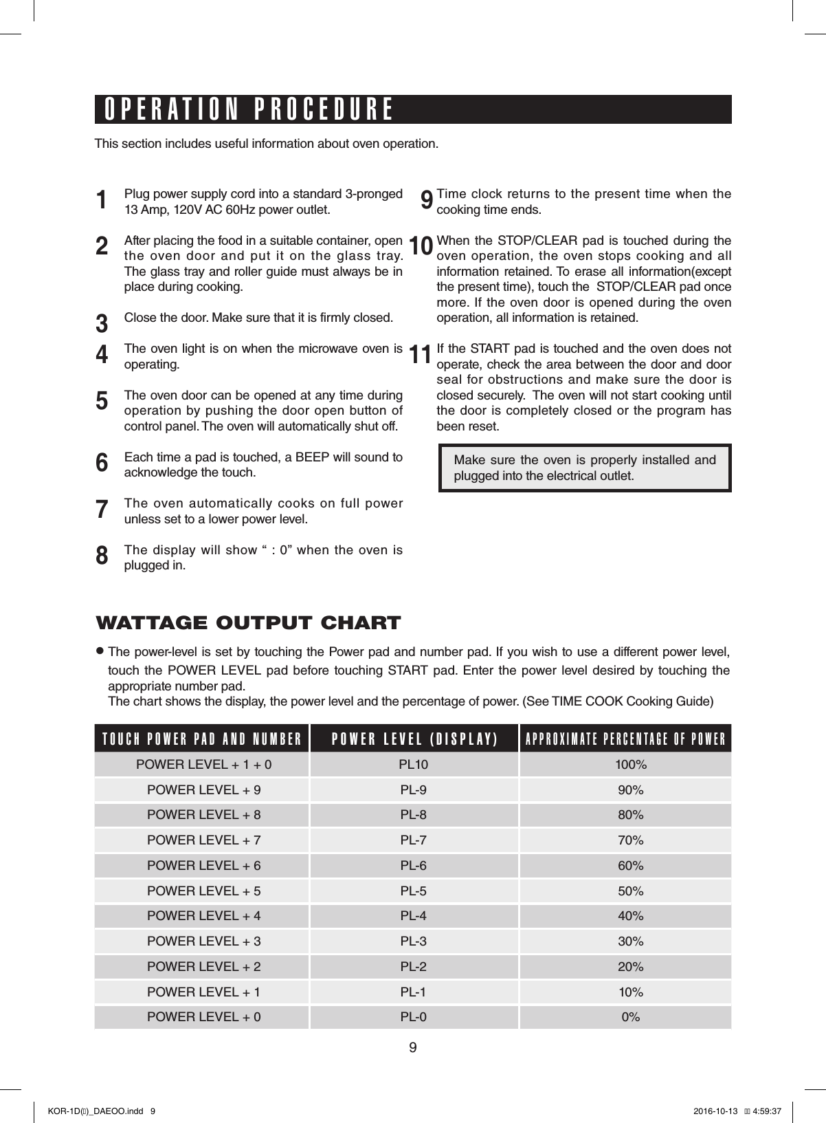 9Plug power supply cord into a standard 3-pronged 13 Amp, 120V AC 60Hz power outlet.After placing the food in a suitable container, open the  oven  door  and  put  it  on  the  glass  tray.  The glass tray and roller guide must always be in place during cooking.Close the door. Make sure that it is firmly closed.The oven light is on when the microwave oven is operating.The oven door can be opened at any time during operation  by  pushing  the  door  open  button of control panel. The oven will automatically shut off.Each time a pad is touched, a BEEP will sound to acknowledge the touch.The  oven  automatically  cooks  on  full  power unless set to a lower power level.The  display  will show “ :  0”  when  the  oven  is plugged in. Time  clock returns  to  the  present  time when  the cooking time ends.When the STOP/CLEAR pad is touched  during  the oven  operation,  the  oven  stops  cooking  and  all information  retained. To erase  all  information(except the present time), touch the  STOP/CLEAR pad once more. If  the  oven  door is  opened during the  oven operation, all information is retained.If the START pad is touched and the oven does not operate, check the area between the door and door seal  for  obstructions and  make  sure  the door  is closed securely.  The oven will not start cooking until the door  is completely closed  or  the program  has been reset.12345678191011Make  sure  the oven is properly  installed  and plugged into the electrical outlet.WATTAGE OUTPUT CHART•  The power-level is set by touching the Power pad and number pad. If you wish to use a different power level, touch  the  POWER LEVEL  pad  before  touching START  pad.  Enter  the  power level  desired  by  touching the appropriate number pad.   The chart shows the display, the power level and the percentage of power. (See TIME COOK Cooking Guide)OPERATION PROCEDUREThis section includes useful information about oven operation.TOUCH POWER PAD AND NUMBERPOWER LEVEL (DISPLAY)APPROXIMATE PERCENTAGE OF POWERPOWER LEVEL + 1 + 0 PL10 100%POWER LEVEL + 9  PL-9 90%POWER LEVEL + 8  PL-8 80%POWER LEVEL + 7  PL-7 70%POWER LEVEL + 6  PL-6 60%POWER LEVEL + 5  PL-5 50%POWER LEVEL + 4  PL-4 40%POWER LEVEL + 3  PL-3 30%POWER LEVEL + 2  PL-2 20%POWER LEVEL + 1  PL-1 10%POWER LEVEL + 0  PL-0 0%KOR-1D(�)_DAEOO.indd   9 2016-10-13   �� 4:59:37