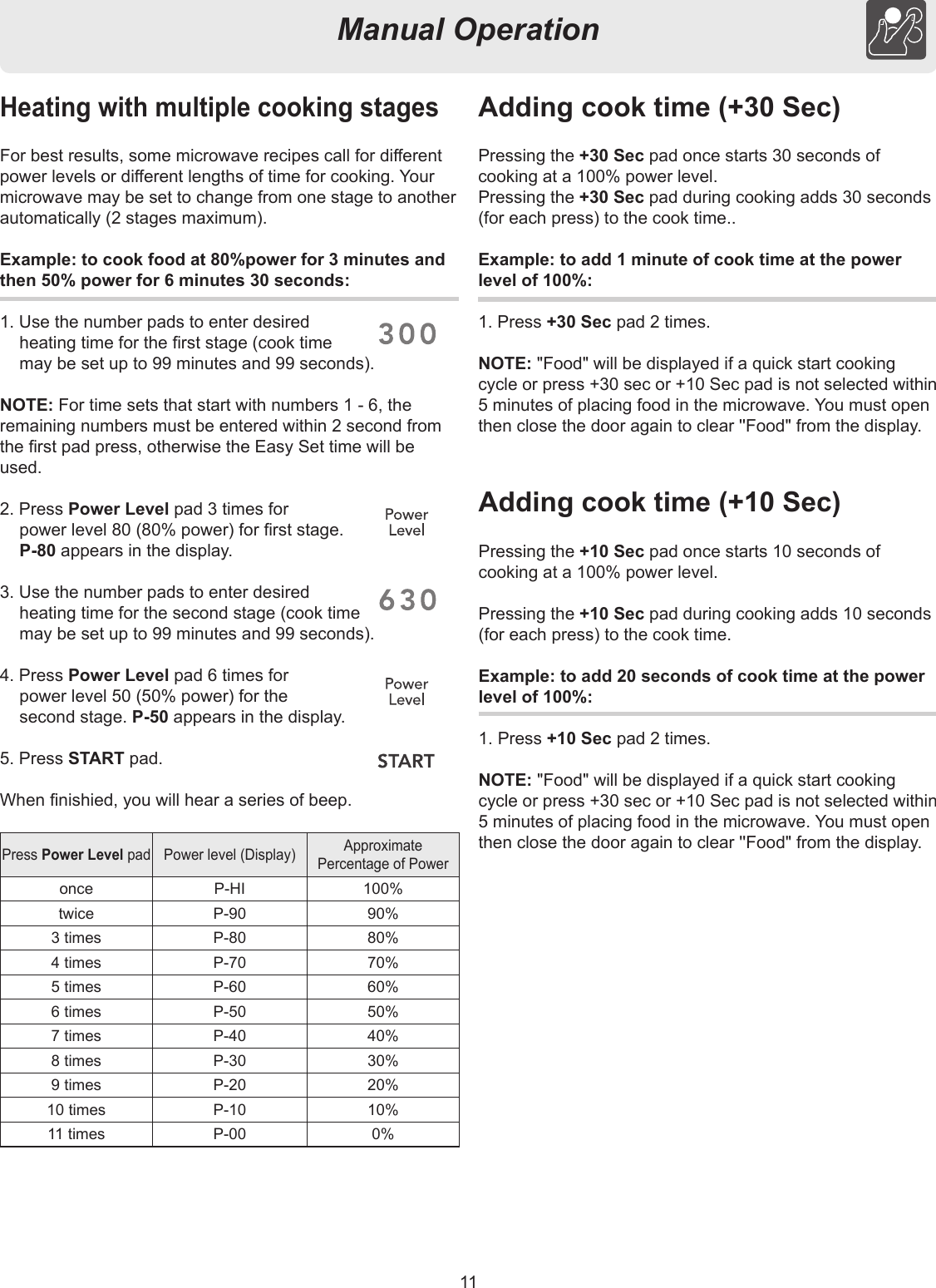 11Manual OperationHeating with multiple cooking stagesFor best results, some microwave recipes call for dierentpower levels or dierent lengths of time for cooking. Yourmicrowave may be set to change from one stage to anotherautomatically (2 stages maximum).Example: to cook food at 80%power for 3 minutes andthen 50% power for 6 minutes 30 seconds:1. Use the number pads to enter desired  heating time for the rst stage (cook time  may be set up to 99 minutes and 99 seconds).NOTE: For time sets that start with numbers 1 - 6, the remaining numbers must be entered within 2 second from the rst pad press, otherwise the Easy Set time will be used.2. Press Power Level pad 3 times for  power level 80 (80% power) for rst stage.  P-80 appears in the display. 3. Use the number pads to enter desired  heating time for the second stage (cook time  may be set up to 99 minutes and 99 seconds).4. Press Power Level pad 6 times for  power level 50 (50% power) for the  second stage. P-50 appears in the display.5. Press START pad.When nishied, you will hear a series of beep.Adding cook time (+30 Sec)Pressing the +30 Sec pad once starts 30 seconds of cooking at a 100% power level.Pressing the +30 Sec pad during cooking adds 30 seconds (for each press) to the cook time..Example: to add 1 minute of cook time at the powerlevel of 100%:1. Press +30 Sec pad 2 times.NOTE: &quot;Food&quot; will be displayed if a quick start cooking cycle or press +30 sec or +10 Sec pad is not selected within 5 minutes of placing food in the microwave. You must open then close the door again to clear &apos;&apos;Food&quot; from the display.Press Power Level pad Power level (Display) Approximate Percentage of Poweronce P-HI 100%twice P-90 90%3 times P-80 80%4 times P-70 70%5 times P-60 60%6 times P-50 50%7 times P-40 40%8 times P-30 30%9 times P-20 20%10 times P-10 10%11 times P-00 0%Adding cook time (+10 Sec)Pressing the +10 Sec pad once starts 10 seconds of cooking at a 100% power level.Pressing the +10 Sec pad during cooking adds 10 seconds (for each press) to the cook time.Example: to add 20 seconds of cook time at the powerlevel of 100%:1. Press +10 Sec pad 2 times.NOTE: &quot;Food&quot; will be displayed if a quick start cooking cycle or press +30 sec or +10 Sec pad is not selected within 5 minutes of placing food in the microwave. You must open then close the door again to clear &apos;&apos;Food&quot; from the display.
