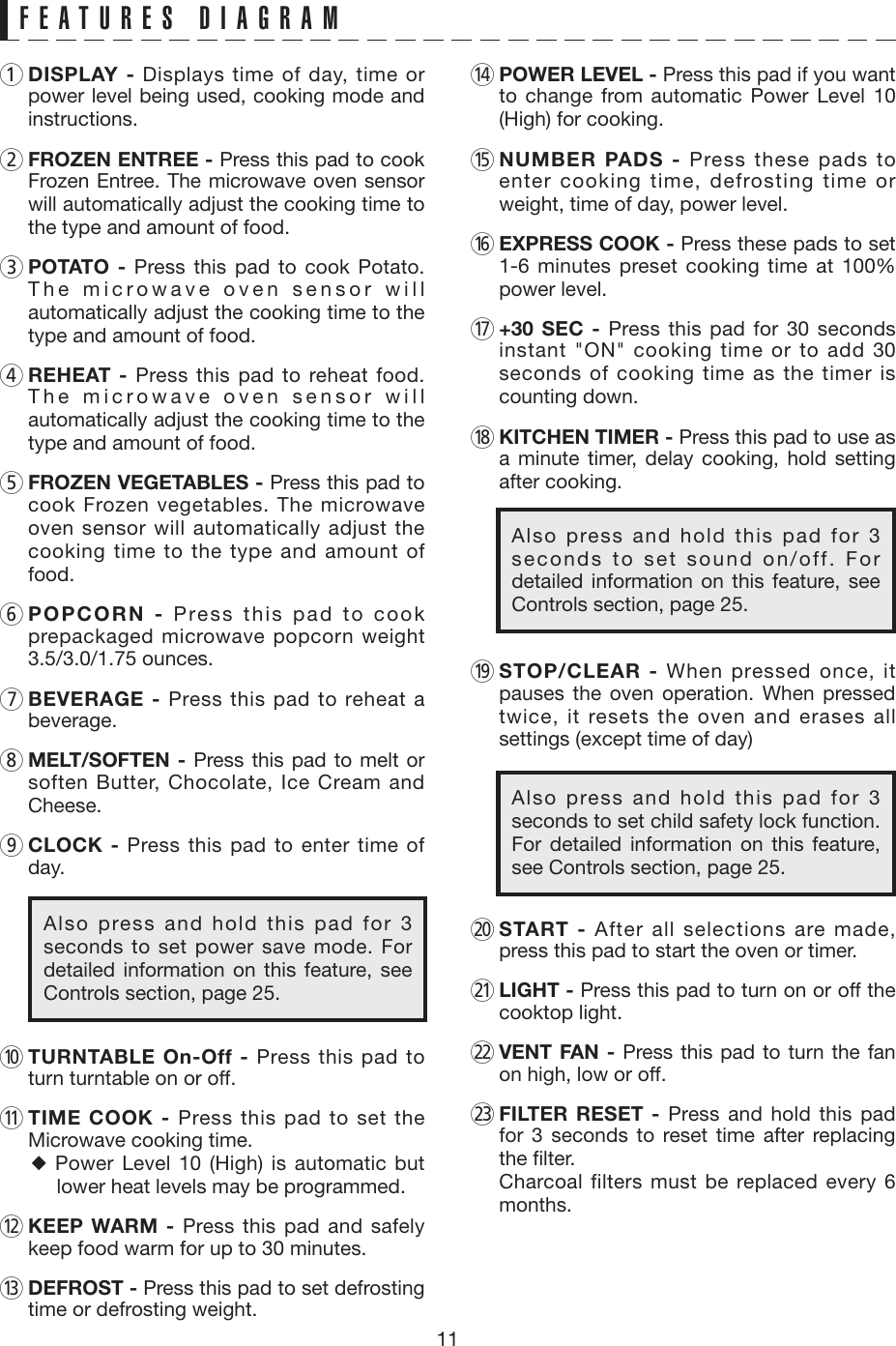 111 DISPLAY  - Displays time of day, time or power level being used, cooking mode and instructions.2 FROZEN ENTREE - Press this pad to cook Frozen Entree. The microwave oven sensor will automatically adjust the cooking time to the type and amount of food.3 POTATO  - Press this pad to cook Potato. The microwave oven sensor will automatically adjust the cooking time to the type and amount of food.4 REHEAT  - Press this pad to reheat food. The microwave oven sensor will automatically adjust the cooking time to the type and amount of food.5 FROZEN VEGETABLES - Press this pad to cook Frozen vegetables. The microwave oven sensor will automatically adjust the cooking time to the type and amount of food.6 POPCORN  - Press this pad to cook prepackaged microwave popcorn weight 3.5/3.0/1.75 ounces.7 BEVERAGE  - Press this pad to reheat a beverage.8 MELT/SOFTEN  - Press this pad to melt or soften Butter, Chocolate, Ice Cream and Cheese.9 CLOCK  - Press this pad to enter time of day.0 TURNTABLE On-Off - Press this pad to turn turntable on or off.q TIME COOK - Press this pad to set the Microwave cooking time.◆ Power Level 10 (High) is automatic but lower heat levels may be programmed.w KEEP WARM - Press this pad and safely keep food warm for up to 30 minutes.e DEFROST - Press this pad to set defrosting time or defrosting weight.r POWER LEVEL - Press this pad if you want to change from automatic Power Level 10 (High) for cooking.t NUMBER PADS - Press these pads to enter cooking time, defrosting time or weight, time of day, power level.y EXPRESS COOK - Press these pads to set 1-6 minutes preset cooking time at 100% power level.u +30 SEC - Press this pad for 30 seconds instant &quot;ON&quot; cooking time or to add 30 seconds of cooking time as the timer is counting down.i KITCHEN TIMER - Press this pad to use as a minute timer, delay cooking, hold setting after cooking. o STOP/CLEAR  - When pressed once, it pauses the oven operation. When pressed twice, it resets the oven and erases all settings (except time of day)p START  - After all selections are made, press this pad to start the oven or timer.a LIGHT - Press this pad to turn on or off the cooktop light.s VENT FAN - Press this pad to turn the fan on high, low or off.d FILTER RESET - Press and hold this pad for 3 seconds to reset time after replacing the filter.  Charcoal filters must be replaced every 6 months.FEATURES DIAGRAMAlso press and hold this pad for 3 seconds to set power save mode. For detailed information on this feature, see Controls section, page 25.Also press and hold this pad for 3 seconds to set sound on/off. For detailed information on this feature, see Controls section, page 25.Also press and hold this pad for 3 seconds to set child safety lock function. For detailed information on this feature, see Controls section, page 25.
