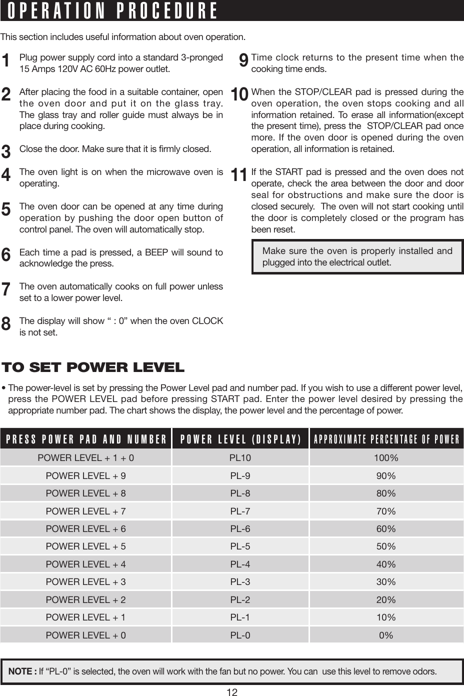 12Plug power supply cord into a standard 3-pronged 15 Amps 120V AC 60Hz power outlet.After placing the food in a suitable container, open the oven door and put it on the glass tray.  The glass tray and roller guide must always be in place during cooking.Close the door. Make sure that it is firmly closed.The oven light is on when the microwave oven is operating.The oven door can be opened at any time during operation by pushing the door open button of control panel. The oven will automatically stop.Each time a pad is pressed, a BEEP will sound to acknowledge the press.The oven automatically cooks on full power unless set to a lower power level.The display will show “ : 0” when the oven CLOCK is not set.12345678191011Make sure the oven is properly installed and plugged into the electrical outlet.TO SET POWER LEVEL•  The power-level is set by pressing the Power Level pad and number pad. If you wish to use a different power level, press the POWER LEVEL pad before pressing START pad. Enter the power level desired by pressing the appropriate number pad. The chart shows the display, the power level and the percentage of power.OPERATION PROCEDUREThis section includes useful information about oven operation.PRESS POWER PAD AND NUMBER POWER LEVEL (DISPLAY)APPROXIMATE PERCENTAGE OF POWERPOWER LEVEL + 1 + 0 PL10 100%POWER LEVEL + 9  PL-9 90%POWER LEVEL + 8  PL-8 80%POWER LEVEL + 7  PL-7 70%POWER LEVEL + 6  PL-6 60%POWER LEVEL + 5  PL-5 50%POWER LEVEL + 4  PL-4 40%POWER LEVEL + 3  PL-3 30%POWER LEVEL + 2  PL-2 20%POWER LEVEL + 1  PL-1 10%POWER LEVEL + 0  PL-0 0%NOTE : If “PL-0” is selected, the oven will work with the fan but no power. You can  use this level to remove odors. Time clock returns to the present time when the cooking time ends.When the STOP/CLEAR pad is pressed during the oven operation, the oven stops cooking and all information retained. To erase all information(except the present time), press the  STOP/CLEAR pad once more. If the oven door is opened during the oven operation, all information is retained.If the START pad is pressed and the oven does not operate, check the area between the door and door seal for obstructions and make sure the door is closed securely.  The oven will not start cooking until the door is completely closed or the program has been reset.