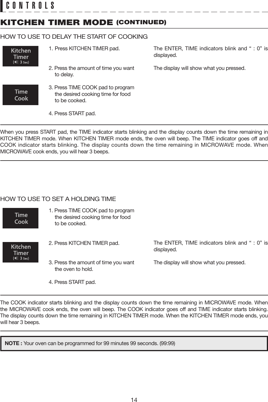 14KITCHEN TIMER MODE (CONTINUED)1.  Press KITCHEN TIMER pad.2. Press the amount of time you want to delay.3. Press TIME COOK pad to program the desired cooking time for food to be cooked. 4. Press START pad.1. Press TIME COOK pad to program the desired cooking time for food to be cooked. 2. Press KITCHEN TIMER pad.3. Press the amount of time you want the oven to hold.4. Press START pad.The ENTER, TIME indicators blink and “ : 0” is displayed.The display will show what you pressed.The ENTER, TIME indicators blink and “ : 0” is displayed.The display will show what you pressed.NOTE : Your oven can be programmed for 99 minutes 99 seconds. (99:99)CONTROLSHOW TO USE TO DELAY THE START OF COOKINGHOW TO USE TO SET A HOLDING TIMEWhen you press START pad, the TIME indicator starts blinking and the display counts down the time remaining in KITCHEN TIMER mode. When KITCHEN TIMER mode ends, the oven will beep. The TIME indicator goes off and COOK indicator starts blinking. The display counts down the time remaining in MICROWAVE mode. When MICROWAVE cook ends, you will hear 3 beeps.The COOK indicator starts blinking and the display counts down the time remaining in MICROWAVE mode. When the MICROWAVE cook ends, the oven will beep. The COOK indicator goes off and TIME indicator starts blinking. The display counts down the time remaining in KITCHEN TIMER mode. When the KITCHEN TIMER mode ends, you will hear 3 beeps.