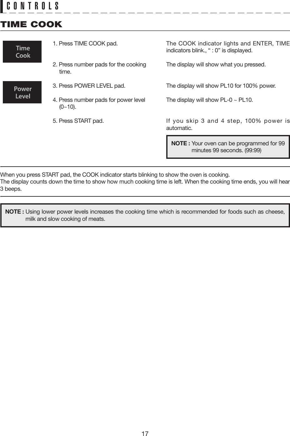 17CONTROLSTIME COOK1. Press TIME COOK pad.2. Press number pads for the cooking time.3. Press POWER LEVEL pad.4. Press number pads for power level (0~10).5. Press START pad.The COOK indicator lights and ENTER, TIME indicators blink., “ : 0” is displayed.The display will show what you pressed.The display will show PL10 for 100% power.The display will show PL-0 ~ PL10.If you skip 3 and 4 step, 100% power is automatic.When you press START pad, the COOK indicator starts blinking to show the oven is cooking.The display counts down the time to show how much cooking time is left. When the cooking time ends, you will hear 3 beeps.NOTE : Your oven can be programmed for 99 minutes 99 seconds. (99:99)NOTE : Using lower power levels increases the cooking time which is recommended for foods such as cheese, milk and slow cooking of meats.