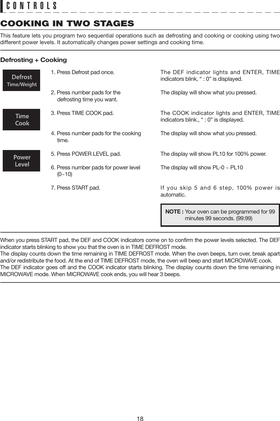 18CONTROLS1. Press Defrost pad once.2. Press number pads for the defrosting time you want.3. Press TIME COOK pad.4. Press number pads for the cooking time.5. Press POWER LEVEL pad.6. Press number pads for power level (0~10)7. Press START pad.The DEF indicator lights and ENTER, TIME indicators blink, “ : 0” is displayed.The display will show what you pressed.The COOK indicator lights and ENTER, TIME indicators blink., “ : 0” is displayed.The display will show what you pressed.The display will show PL10 for 100% power.The display will show PL-0 ~ PL10If you skip 5 and 6 step, 100% power is automatic.When you press START pad, the DEF and COOK indicators come on to confirm the power levels selected. The DEF indicator starts blinking to show you that the oven is in TIME DEFROST mode.The display counts down the time remaining in TIME DEFROST mode. When the oven beeps, turn over, break apart and/or redistribute the food. At the end of TIME DEFROST mode, the oven will beep and start MICROWAVE cook.The DEF indicator goes off and the COOK indicator starts blinking. The display counts down the time remaining in MICROWAVE mode. When MICROWAVE cook ends, you will hear 3 beeps.NOTE : Your oven can be programmed for 99 minutes 99 seconds. (99:99)COOKING IN TWO STAGESThis feature lets you program two sequential operations such as defrosting and cooking or cooking using two different power levels. It automatically changes power settings and cooking time.Defrosting + Cooking