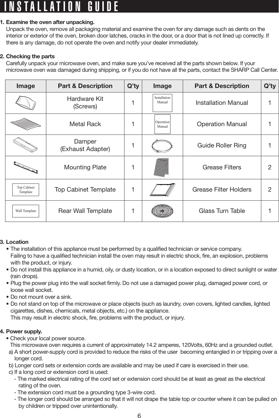 61.  Examine the oven after unpacking.  Unpack the oven, remove all packaging material and examine the oven for any damage such as dents on the interior or exterior of the oven, broken door latches, cracks in the door, or a door that is not lined up correctly. If there is any damage, do not operate the oven and notify your dealer immediately.2. Checking the parts  Carefully unpack your microwave oven, and make sure you’ve received all the parts shown below. If your microwave oven was damaged during shipping, or if you do not have all the parts, contact the SHARP Call Center.INSTALLATION GUIDEImage Part &amp; Description Q’ty Image Part &amp; Description Q’tyHardware Kit(Screws) 1InstallationManualInstallation Manual 1Metal Rack 1Operation ManualOperation Manual 1Damper(Exhaust Adapter) 1 Guide Roller Ring 1Mounting Plate 1 Grease Filters 2Top CabinetTemplateTop Cabinet Template 1 Grease Filter Holders 2Wall TemplateRear Wall Template 1 Glass Turn Table 13. Location• The installation of this appliance must be performed by a qualified technician or service company.  Failing to have a qualified technician install the oven may result in electric shock, fire, an explosion, problems with the product, or injury.• Do not install this appliance in a humid, oily, or dusty location, or in a location exposed to direct sunlight or water (rain drops).• Plug the power plug into the wall socket firmly. Do not use a damaged power plug, damaged power cord, or loose wall socket.• Do not mount over a sink.• Do not stand on top of the microwave or place objects (such as laundry, oven covers, lighted candles, lighted cigarettes, dishes, chemicals, metal objects, etc.) on the appliance.  This may result in electric shock, fire, problems with the product, or injury.4. Power supply.  •  Check your local power source. This microwave oven requires a current of approximately 14.2 amperes, 120Volts, 60Hz and a grounded outlet.a)  A short power-supply cord is provided to reduce the risks of the user  becoming entangled in or tripping over a longer cord.b) Longer cord sets or extension cords are available and may be used if care is exercised in their use.c) If a long cord or extension cord is used:- The marked electrical rating of the cord set or extension cord should be at least as great as the electrical rating of the oven.- The extension cord must be a grounding type 3-wire cord.- The longer cord should be arranged so that it will not drape the table top or counter where it can be pulled on by children or tripped over unintentionally.