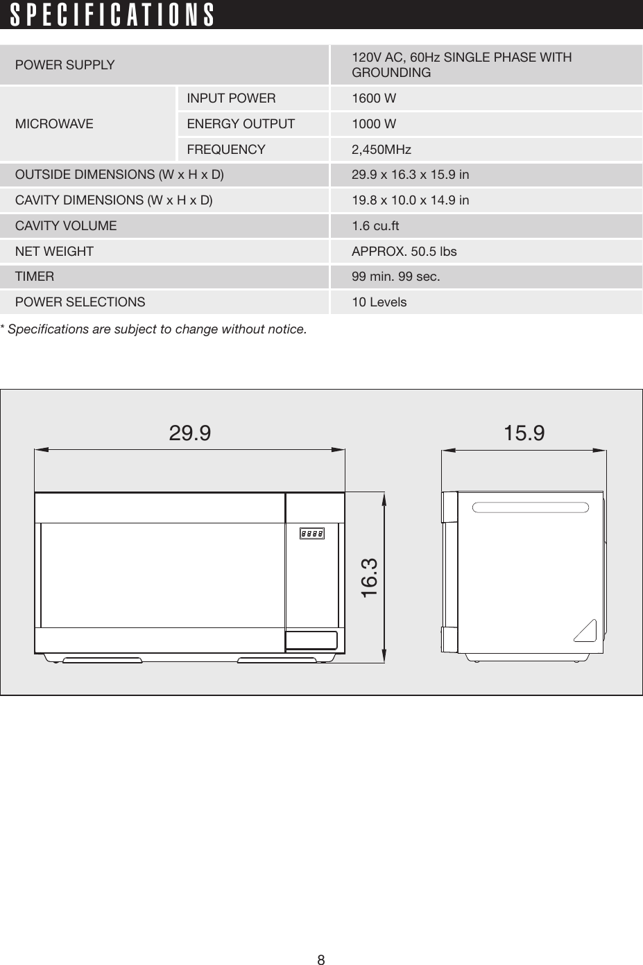 829.9 15.916.3SPECIFICATIONSPOWER SUPPLY 120V AC, 60Hz SINGLE PHASE WITHGROUNDINGMICROWAVEINPUT POWER 1600 WENERGY OUTPUT 1000 WFREQUENCY 2,450MHzOUTSIDE DIMENSIONS (W x H x D) 29.9 x 16.3 x 15.9 inCAVITY DIMENSIONS (W x H x D) 19.8 x 10.0 x 14.9 inCAVITY VOLUME 1.6 cu.ftNET WEIGHT APPROX. 50.5 lbsTIMER 99 min. 99 sec.POWER SELECTIONS 10 Levels* Specifications are subject to change without notice.