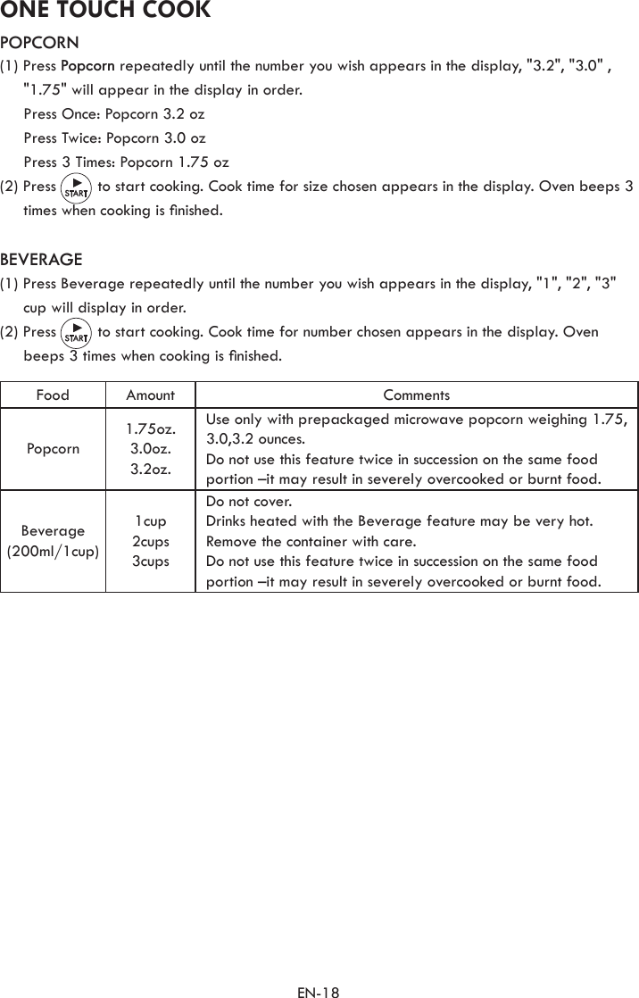 EN-18POPCORN(1) Press Popcorn repeatedly until the number you wish appears in the display, &quot;3.2&quot;, &quot;3.0&quot; , &quot;1.75&quot; will appear in the display in order.  Press Once: Popcorn 3.2 oz  Press Twice: Popcorn 3.0 oz  Press 3 Times: Popcorn 1.75 oz(2) Press         to start cooking. Cook time for size chosen appears in the display. Oven beeps 3 times when cooking is nished.BEVERAGE(1) Press Beverage repeatedly until the number you wish appears in the display, &quot;1&quot;, &quot;2&quot;, &quot;3&quot; cup will display in order.(2) Press         to start cooking. Cook time for number chosen appears in the display. Oven beeps 3 times when cooking is nished.ONE TOUCH COOKFood Amount CommentsPopcorn1.75oz.3.0oz.3.2oz.Use only with prepackaged microwave popcorn weighing 1.75, 3.0,3.2 ounces.Do not use this feature twice in succession on the same food portion –it may result in severely overcooked or burnt food.Beverage (200ml/1cup)1cup2cups3cupsDo not cover.Drinks heated with the Beverage feature may be very hot. Remove the container with care.Do not use this feature twice in succession on the same food portion –it may result in severely overcooked or burnt food.