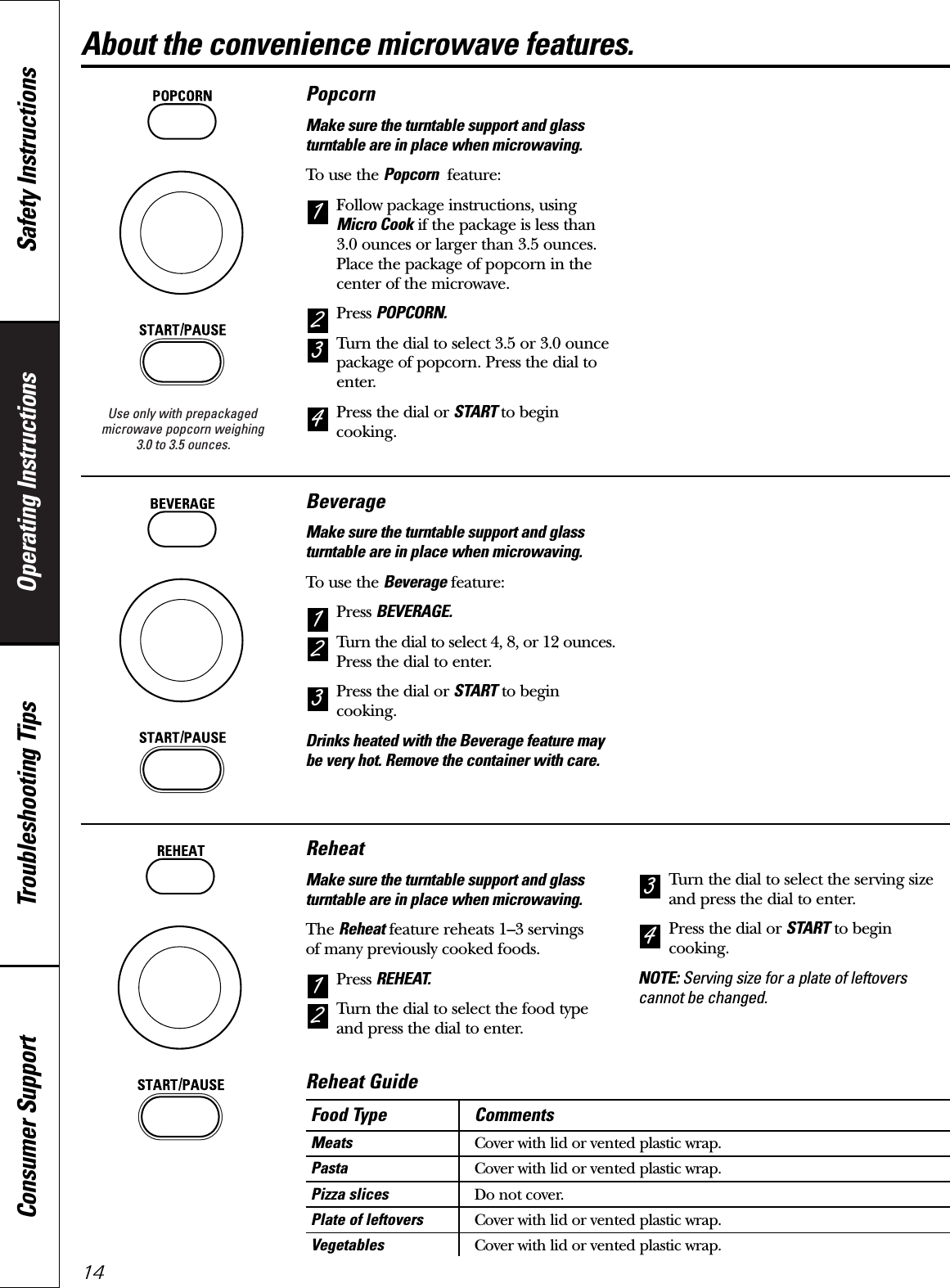 Use only with prepackagedmicrowave popcorn weighing 3.0 to 3.5 ounces.Operating Instructions Safety InstructionsConsumer Support Troubleshooting Tips14About the convenience microwave features.PopcornMake sure the turntable support and glassturntable are in place when microwaving.To use the Popcorn feature:Follow package instructions, using Micro Cook if the package is less than3.0 ounces or larger than 3.5 ounces.Place the package of popcorn in thecenter of the microwave.Press POPCORN.Turn the dial to select 3.5 or 3.0 ouncepackage of popcorn. Press the dial toenter.Press the dial or START to begincooking.4321BeverageMake sure the turntable support and glassturntable are in place when microwaving.To use the Beverage feature:Press BEVERAGE.Turn the dial to select 4, 8, or 12 ounces.Press the dial to enter.Press the dial or START to begincooking.Drinks heated with the Beverage feature maybe very hot. Remove the container with care.321ReheatMake sure the turntable support and glassturntable are in place when microwaving.The Reheat feature reheats 1–3 servings of many previously cooked foods.Press REHEAT.Turn the dial to select the food typeand press the dial to enter.Turn the dial to select the serving sizeand press the dial to enter.Press the dial or START to begincooking.NOTE: Serving size for a plate of leftoverscannot be changed.4321Food Type CommentsMeats Cover with lid or vented plastic wrap.Pasta Cover with lid or vented plastic wrap.Pizza slices Do not cover.Plate of leftovers Cover with lid or vented plastic wrap.Vegetables Cover with lid or vented plastic wrap.Reheat Guide