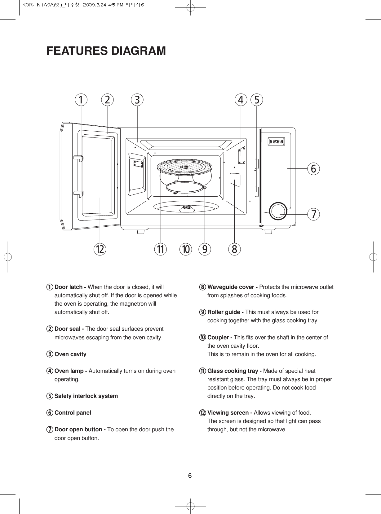 611Door latch - When the door is closed, it willautomatically shut off. If the door is opened whilethe oven is operating, the magnetron willautomatically shut off.22Door seal - The door seal surfaces preventmicrowaves escaping from the oven cavity.33Oven cavity44Oven lamp - Automatically turns on during ovenoperating.55Safety interlock system 66Control panel77Door open button - To open the door push thedoor open button.88Waveguide cover - Protects the microwave outletfrom splashes of cooking foods.99Roller guide - This must always be used forcooking together with the glass cooking tray.00Coupler - This fits over the shaft in the center ofthe oven cavity floor.This is to remain in the oven for all cooking.qqGlass cooking tray - Made of special heatresistant glass. The tray must always be in properposition before operating. Do not cook fooddirectly on the tray.wwViewing screen - Allows viewing of food.The screen is designed so that light can passthrough, but not the microwave.FEATURES DIAGRAM12 3 4567890qw