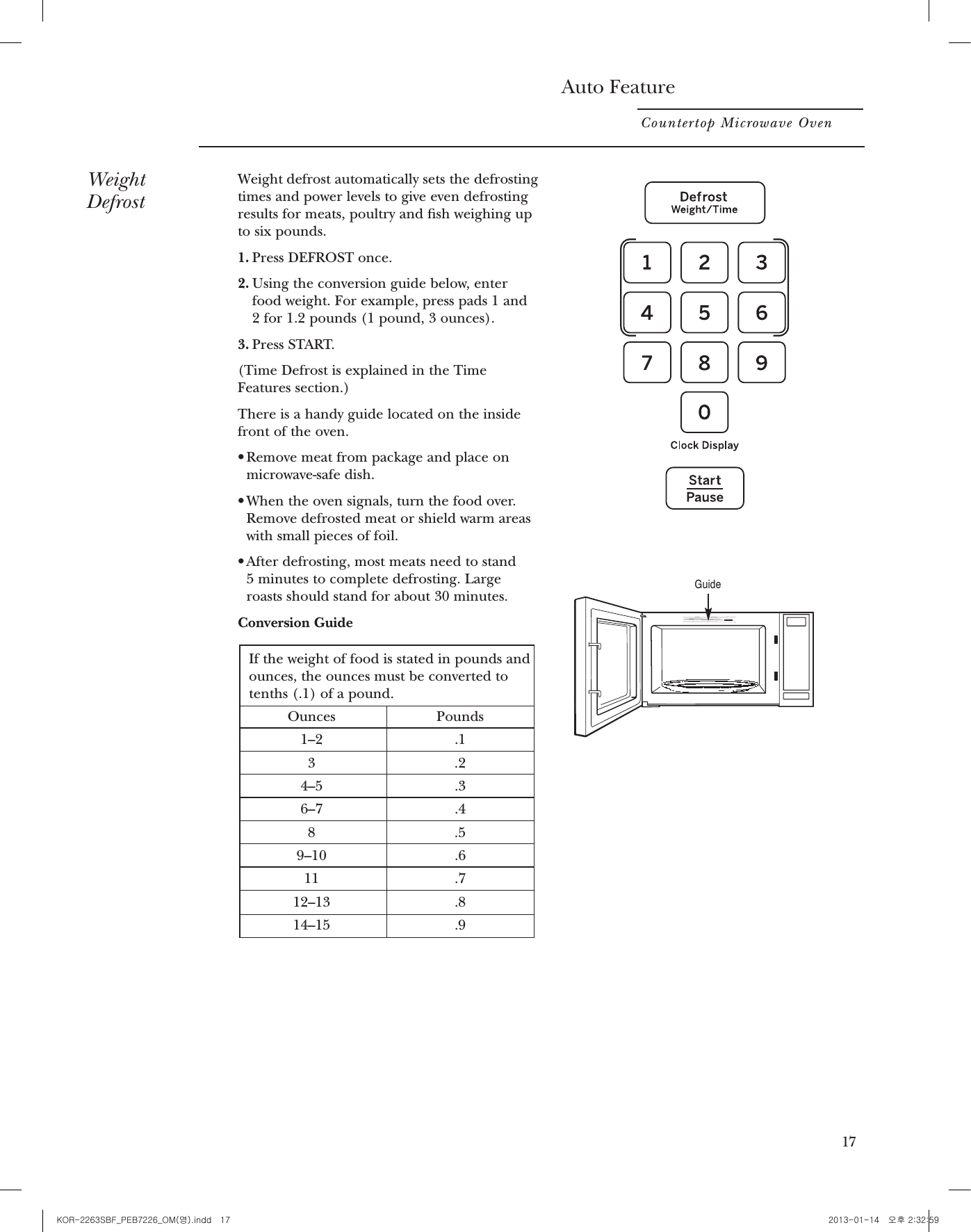 16Express Cook This is a quick way to set cooking time for 1–6minutes.Press one of the Express Cook pads (from 1 to 6) for 1 to 6 minutes of cooking at powerlevel 10. For example, press the 2 pad for 2minutes of cooking time. The power level can be changed as time iscounting down. Press POWER LEVEL andenter 1–10.Add 30SecondsYou can use this feature two ways:rIt will add 30 seconds to the time countingdown each time the pad is touched.rIt can be used as a quick way to set 30 seconds of cooking time.Time FeaturesCountertop Microwave OvenAuto FeatureCountertop Microwave OvenWeightDefrostWeight defrost automatically sets the defrostingtimes and power levels to give even defrostingresults for meats, poultry and sh weighing upto six pounds.1. Press DEFROST once.2. Using the conversion guide below, enterfood weight. For example, press pads 1 and 2 for 1.2 pounds (1 pound, 3 ounces).3. Press START.(Time Defrost is explained in the TimeFeatures section.)There is a handy guide located on the insidefront of the oven.rRemove meat from package and place onmicrowave-safe dish.rWhen the oven signals, turn the food over.Remove defrosted meat or shield warm areaswith small pieces of foil.rAfter defrosting, most meats need to stand 5 minutes to complete defrosting. Largeroasts should stand for about 30 minutes.Conversion GuideIf the weight of food is stated in pounds andounces, the ounces must be converted totenths (.1) of a pound.Ounces Pounds1–2 .13 .24–5 .36–7 .48 .59–10 .611 .712–13 .814–15 .917GuideKOR-2263SBF_PEB7226_OM(영).indd   17 2013-01-14   오후 2:32:59