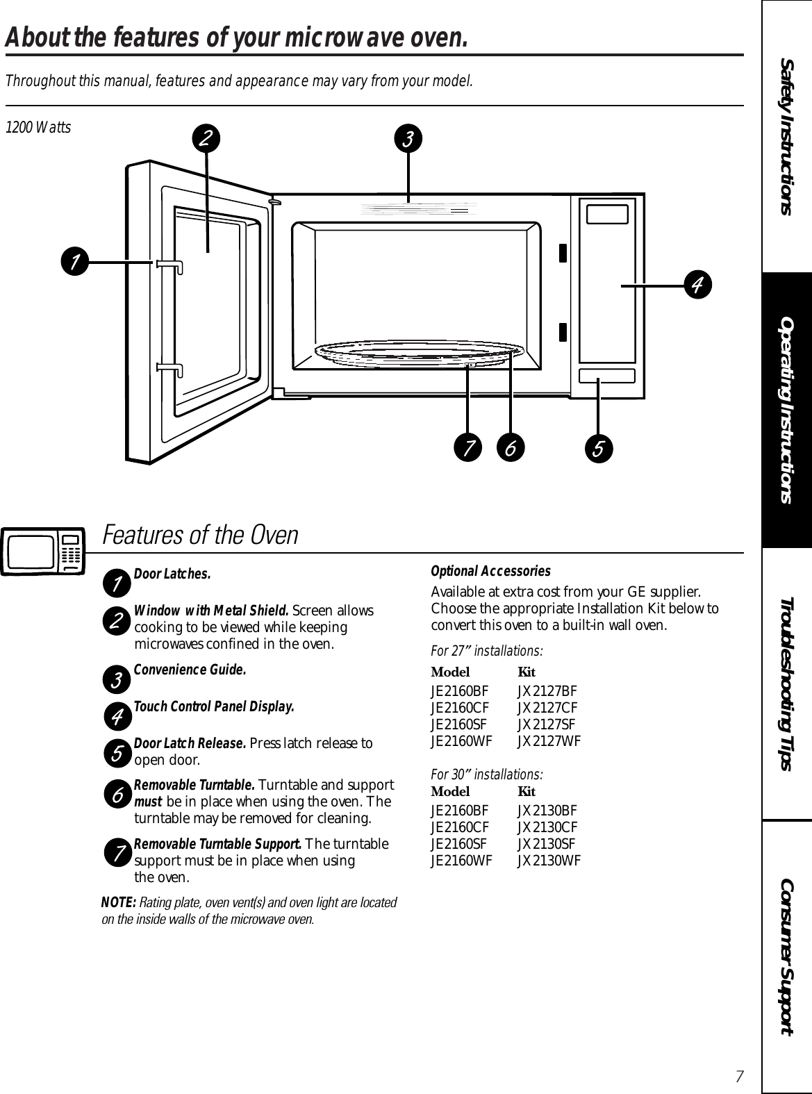 7About the features of your microwave oven. Consumer SupportTroubleshooting TipsOperating InstructionsSafety InstructionsThroughout this manual, features and appearance may vary from your model.1200 WattsFeatures of the OvenDoor Latches.Window with Metal Shield. Screen allowscooking to be viewed while keepingmicrowaves confined in the oven.Convenience Guide.Touch Control Panel Display.Door Latch Release. Press latch release to open door.Removable Turntable. Turntable and supportmust be in place when using the oven. Theturntable may be removed for cleaning.Removable Turntable Support. The turntablesupport must be in place when using the oven.NOTE: Rating plate, oven vent(s) and oven light are located on the inside walls of the microwave oven.Optional AccessoriesAvailable at extra cost from your GE supplier.Choose the appropriate Installation Kit below toconvert this oven to a built-in wall oven.For 27″installations:Model KitJE2160BF JX2127BFJE2160CF JX2127CFJE2160SF JX2127SFJE2160WF JX2127WFFor 30″installations:Model KitJE2160BF JX2130BFJE2160CF JX2130CFJE2160SF JX2130SFJE2160WF JX2130WF