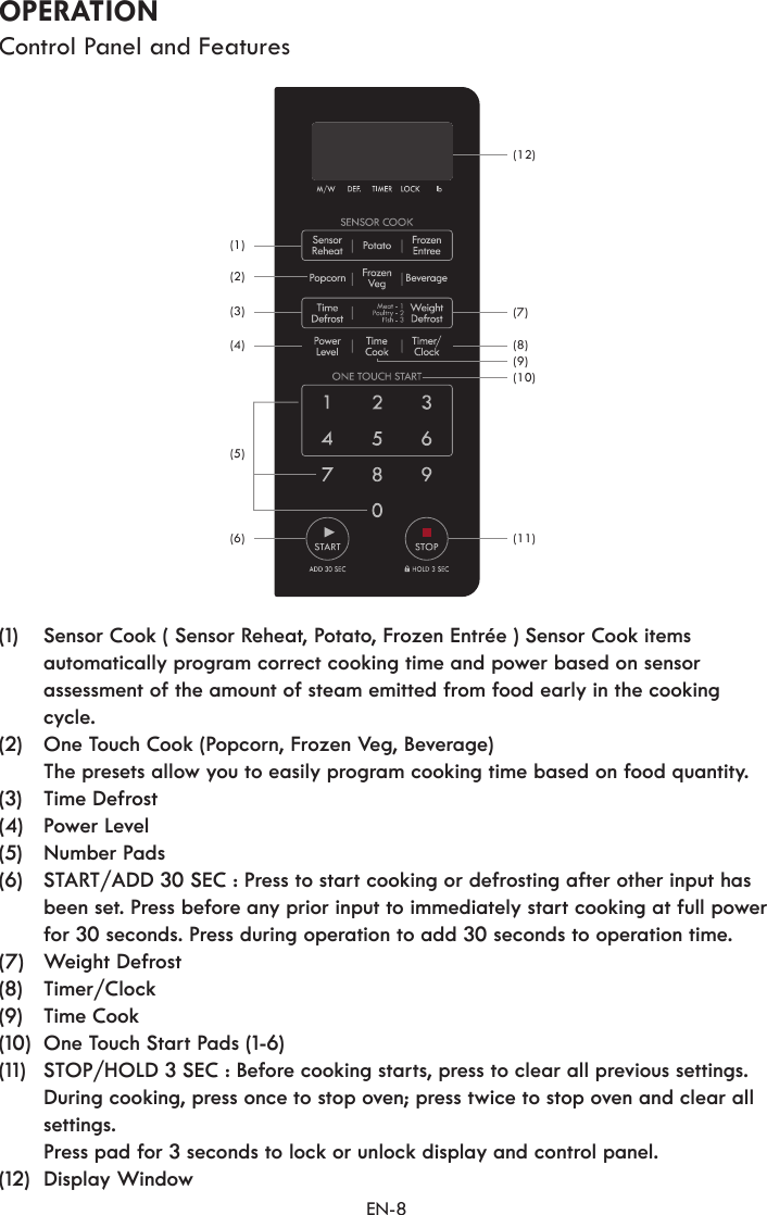 EN-8OPERATIONControl Panel and Features(1)  Sensor Cook ( Sensor Reheat, Potato, Frozen Entrée ) Sensor Cook items automatically program correct cooking time and power based on sensor assessment of the amount of steam emitted from food early in the cooking cycle.(2)  One Touch Cook (Popcorn, Frozen Veg, Beverage)  The presets allow you to easily program cooking time based on food quantity.(3)  Time Defrost(4)  Power Level(5)  Number Pads(6)  START/ADD 30 SEC : Press to start cooking or defrosting after other input has been set. Press before any prior input to immediately start cooking at full power for 30 seconds. Press during operation to add 30 seconds to operation time.(7)  Weight Defrost(8) Timer/Clock(9)  Time Cook(10)  One Touch Start Pads (1-6)(11)  STOP/HOLD 3 SEC : Before cooking starts, press to clear all previous settings.  During cooking, press once to stop oven; press twice to stop oven and clear all settings.  Press pad for 3 seconds to lock or unlock display and control panel.(12)  Display Window(7)(12)(11)(2)(3)(8)(10)(9)(4)(5)(6)(1)