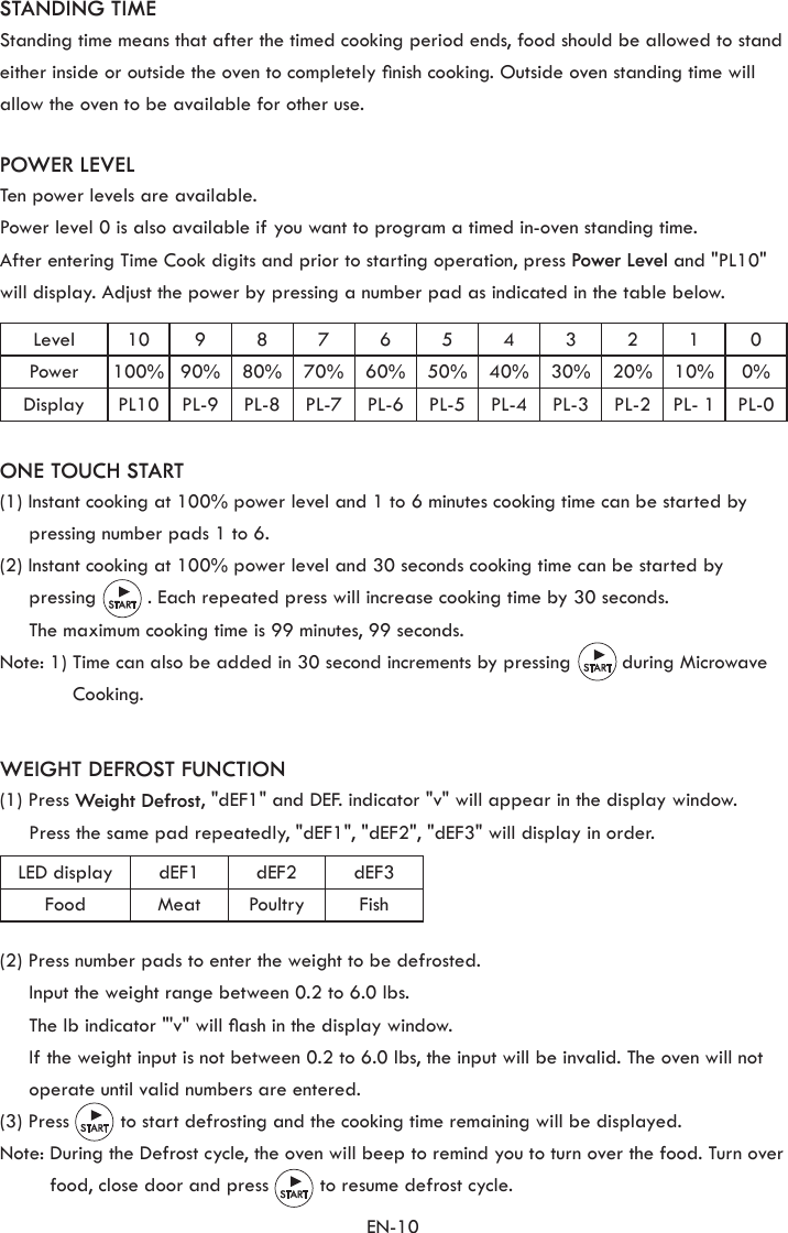 EN-10WEIGHT DEFROST FUNCTION(1) Press Weight Defrost, &quot;dEF1&quot; and DEF. indicator &quot;v&quot; will appear in the display window.  Press the same pad repeatedly, &quot;dEF1&quot;, &quot;dEF2&quot;, &quot;dEF3&quot; will display in order.(2) Press number pads to enter the weight to be defrosted.  Input the weight range between 0.2 to 6.0 lbs.  The lb indicator &quot;&apos;v&quot; will ash in the display window.   If the weight input is not between 0.2 to 6.0 lbs, the input will be invalid. The oven will not operate until valid numbers are entered.(3) Press         to start defrosting and the cooking time remaining will be displayed.Note:  During the Defrost cycle, the oven will beep to remind you to turn over the food. Turn over food, close door and press         to resume defrost cycle.STANDING TIMEStanding time means that after the timed cooking period ends, food should be allowed to stand either inside or outside the oven to completely nish cooking. Outside oven standing time will allow the oven to be available for other use.POWER LEVELTen power levels are available.Power level 0 is also available if you want to program a timed in-oven standing time.After entering Time Cook digits and prior to starting operation, press Power Level and &quot;PL10&quot; will display. Adjust the power by pressing a number pad as indicated in the table below.Level 10 9 8 7 6 5 4 3 2 1 0Power 100% 90% 80% 70% 60% 50% 40% 30% 20% 10% 0%Display PL10 PL-9 PL-8 PL-7 PL-6 PL-5 PL-4 PL-3 PL-2 PL- 1 PL-0LED display dEF1 dEF2 dEF3Food Meat Poultry FishONE TOUCH START(1) Instant cooking at 100% power level and 1 to 6 minutes cooking time can be started by pressing number pads 1 to 6.(2) Instant cooking at 100% power level and 30 seconds cooking time can be started by pressing         . Each repeated press will increase cooking time by 30 seconds.  The maximum cooking time is 99 minutes, 99 seconds.Note: 1)  Time can also be added in 30 second increments by pressing         during Microwave Cooking.