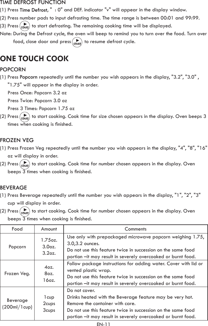 EN-11TIME DEFROST FUNCTION(1) Press Time Defrost, &quot;  : 0&quot; and DEF. indicator &quot;v&quot; will appear in the display window.(2) Press number pads to input defrosting time. The time range is between 00:01 and 99:99.(3) Press         to start defrosting. The remaining cooking time will be displayed.Note:  During the Defrost cycle, the oven will beep to remind you to turn over the food. Turn over food, close door and press         to resume defrost cycle.POPCORN(1) Press Popcorn repeatedly until the number you wish appears in the display, &quot;3.2&quot;, &quot;3.0&quot; , &quot;1.75&quot; will appear in the display in order.  Press Once: Popcorn 3.2 oz  Press Twice: Popcorn 3.0 oz  Press 3 Times: Popcorn 1.75 oz(2) Press         to start cooking. Cook time for size chosen appears in the display. Oven beeps 3 times when cooking is nished.FROZEN VEG(1) Press Frozen Veg repeatedly until the number you wish appears in the display, &quot;4&quot;, &quot;8&quot;, &quot;16&quot; oz will display in order.(2) Press         to start cooking. Cook time for number chosen appears in the display. Oven beeps 3 times when cooking is nished.BEVERAGE(1) Press Beverage repeatedly until the number you wish appears in the display, &quot;1&quot;, &quot;2&quot;, &quot;3&quot; cup will display in order.(2) Press         to start cooking. Cook time for number chosen appears in the display. Oven beeps 3 times when cooking is nished.ONE TOUCH COOKFood Amount CommentsPopcorn1.75oz.3.0oz.3.2oz.Use only with prepackaged microwave popcorn weighing 1.75, 3.0,3.2 ounces.Do not use this feature twice in succession on the same food portion –it may result in severely overcooked or burnt food.Frozen Veg.4oz.8oz.16oz.Follow package instructions for adding water. Cover with lid or vented plastic wrap.Do not use this feature twice in succession on the same food portion –it may result in severely overcooked or burnt food.Beverage (200ml/1cup)1cup2cups3cupsDo not cover.Drinks heated with the Beverage feature may be very hot. Remove the container with care.Do not use this feature twice in succession on the same food portion –it may result in severely overcooked or burnt food.