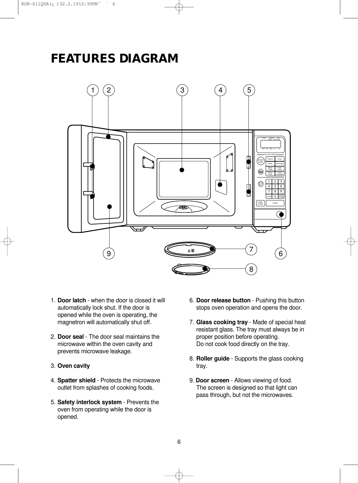 FEATURES DIAGRAM61 529 6783 4STAGE DEFROST AUTOSTART12WEIGHT TIMELOCK       NO      CUPS       oz            lbsPopcornMuffinBakedPotatoDinnerPlatePower Clock/A.StartSoupBeverageFrozenPizzaFreshVegetableSPEEDYCOOKMoreLessAUTODEF.STOP/CLEAR START1     2     34     5     67     8     90ONE TOUCH COOKING1. Door latch - when the door is closed it willautomatically lock shut. If the door isopened while the oven is operating, themagnetron will automatically shut off.2. Door seal - The door seal maintains themicrowave within the oven cavity andprevents microwave leakage.3. Oven cavity4. Spatter shield - Protects the microwaveoutlet from splashes of cooking foods.5. Safety interlock system - Prevents theoven from operating while the door isopened.6. Door release button - Pushing this buttonstops oven operation and opens the door.7. Glass cooking tray - Made of special heatresistant glass. The tray must always be inproper position before operating.Do not cook food directly on the tray.8. Roller guide - Supports the glass cookingtray.9. Door screen - Allows viewing of food.The screen is designed so that light canpass through, but not the microwaves. KOR-611Q0A(¿ )  02.2.19 12:30 PM  ˘`6