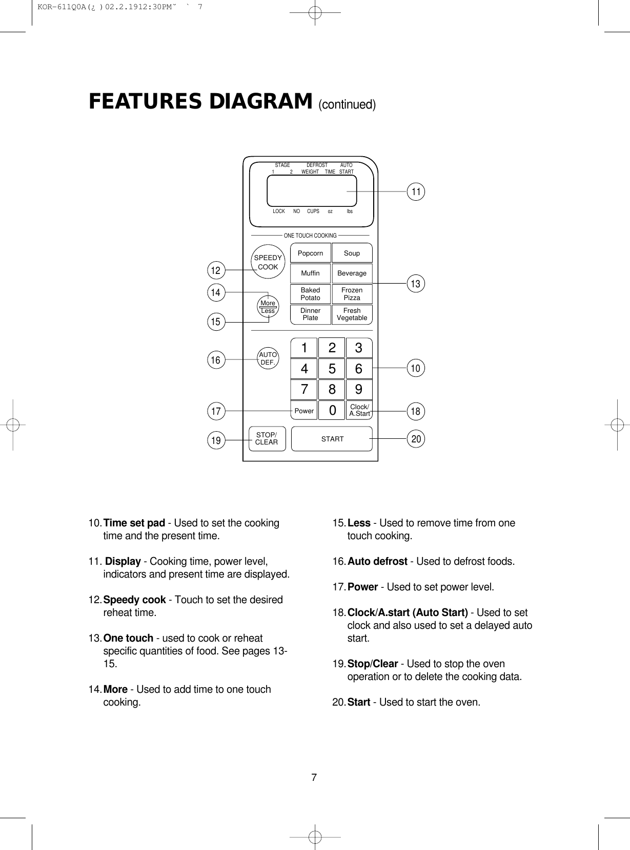 FEATURES DIAGRAM (continued)71110131820121415161719STAGE DEFROST AUTOSTART12WEIGHT TIMELOCK       NO      CUPS       oz            lbsPopcornMuffinBakedPotatoDinnerPlatePower Clock/A.StartSoupBeverageFrozenPizzaFreshVegetableSPEEDYCOOKMoreLessAUTODEF.STOP/CLEAR START1     2     34     5     67     8     90ONE TOUCH COOKING10.Time set pad - Used to set the cookingtime and the present time.11. Display - Cooking time, power level,indicators and present time are displayed.12.Speedy cook - Touch to set the desiredreheat time.13.One touch - used to cook or reheatspecific quantities of food. See pages 13-15.14.More - Used to add time to one touchcooking.15.Less - Used to remove time from onetouch cooking.16.Auto defrost - Used to defrost foods.17.Power - Used to set power level.18.Clock/A.start (Auto Start) - Used to setclock and also used to set a delayed autostart.19.Stop/Clear - Used to stop the ovenoperation or to delete the cooking data.20.Start - Used to start the oven. KOR-611Q0A(¿ )  02.2.19 12:30 PM  ˘`7