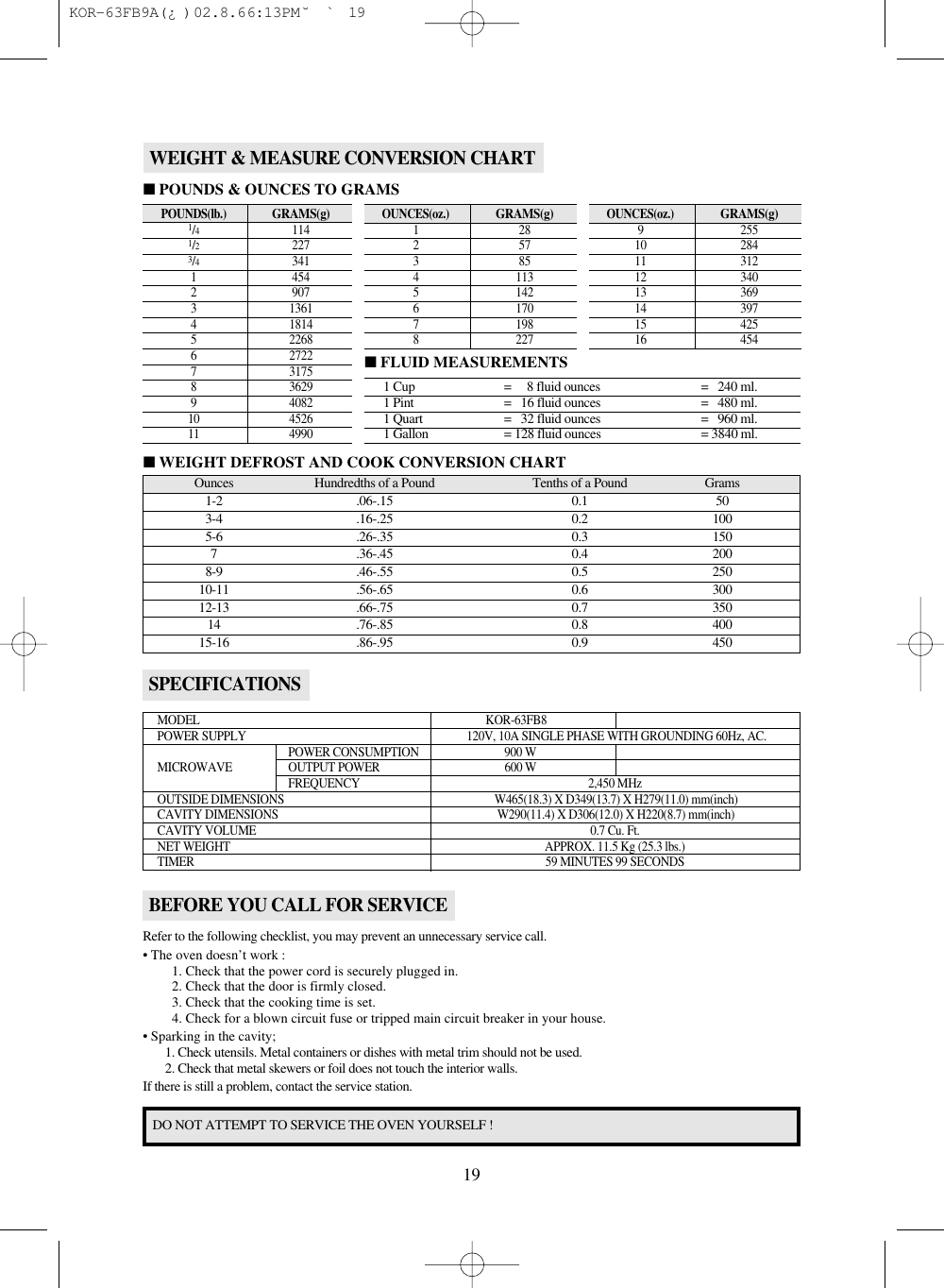 19SPECIFICATIONSMODEL KOR-63FB8  POWER SUPPLY 120V, 10A SINGLE PHASE WITH GROUNDING 60Hz, AC.POWER CONSUMPTION  900 WMICROWAVE OUTPUT POWER 600 WFREQUENCY 2,450 MHzOUTSIDE DIMENSIONS W465(18.3) X D349(13.7) X H279(11.0) mm(inch)CAVITY DIMENSIONS W290(11.4) X D306(12.0) X H220(8.7) mm(inch)CAVITY VOLUME 0.7 Cu. Ft.NET WEIGHT APPROX. 11.5 Kg (25.3 lbs.)TIMER 59 MINUTES 99 SECONDSBEFORE YOU CALL FOR SERVICERefer to the following checklist, you may prevent an unnecessary service call.• The oven doesn’t work :1. Check that the power cord is securely plugged in.2. Check that the door is firmly closed.3. Check that the cooking time is set.4. Check for a blown circuit fuse or tripped main circuit breaker in your house.• Sparking in the cavity;1. Check utensils. Metal containers or dishes with metal trim should not be used.2. Check that metal skewers or foil does not touch the interior walls.If there is still a problem, contact the service station.DO NOT ATTEMPT TO SERVICE THE OVEN YOURSELF !WEIGHT &amp; MEASURE CONVERSION CHARTOunces Hundredths of a Pound Tenths of a Pound Grams1-2 .06-.15 0.1 503-4 .16-.25 0.2 1005-6 .26-.35 0.3 1507 .36-.45 0.4 2008-9 .46-.55 0.5 25010-11 .56-.65 0.6 30012-13 .66-.75 0.7 35014 .76-.85 0.8 40015-16 .86-.95 0.9 450■WEIGHT DEFROST AND COOK CONVERSION CHARTPOUNDS(lb.)GRAMS(g)1/41141/22273/43411 4542 9073 13614 18145 22686 27227 31758 36299 408210 452611 4990■POUNDS &amp; OUNCES TO GRAMS■FLUID MEASUREMENTSOUNCES(oz.)GRAMS(g)1282573854 1135 1426 1707 1988 227OUNCES(oz.)GRAMS(g)9 25510 28411 31212 34013 36914 39715 42516 4541 Cup =     8 fluid ounces =   240 ml.1 Pint =   16 fluid ounces =   480 ml.1 Quart =   32 fluid ounces =   960 ml.1 Gallon = 128 fluid ounces = 3840 ml. KOR-63FB9A(¿ )  02.8.6 6:13 PM  ˘`19