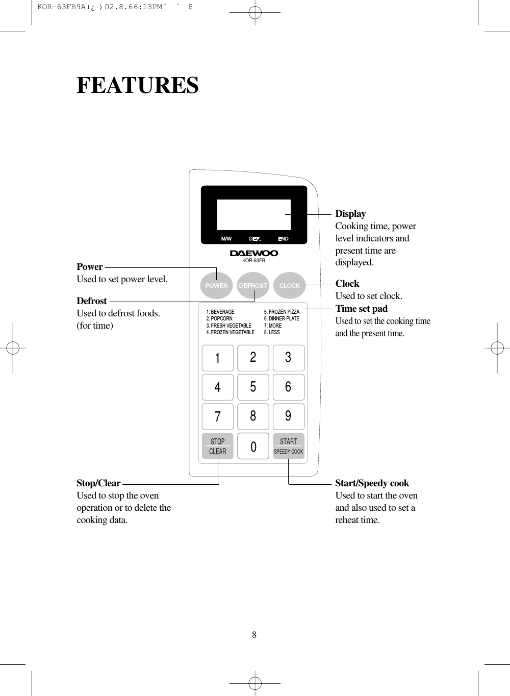 8FEATURESKOR-63FB1. BEVERAGE2. POPCORN3. FRESH VEGETABLE4. FROZEN VEGETABLE12345678905. FROZEN PIZZA6. DINNER PLATE7. MORE8. LESSDisplayCooking time, powerlevel indicators andpresent time aredisplayed.Time set padUsed to set the cooking timeand the present time.ClockUsed to set clock.Start/Speedy cookUsed to start the ovenand also used to set areheat time.PowerUsed to set power level.DefrostUsed to defrost foods.(for time)Stop/ClearUsed to stop the ovenoperation or to delete thecooking data. KOR-63FB9A(¿ )  02.8.6 6:13 PM  ˘`8