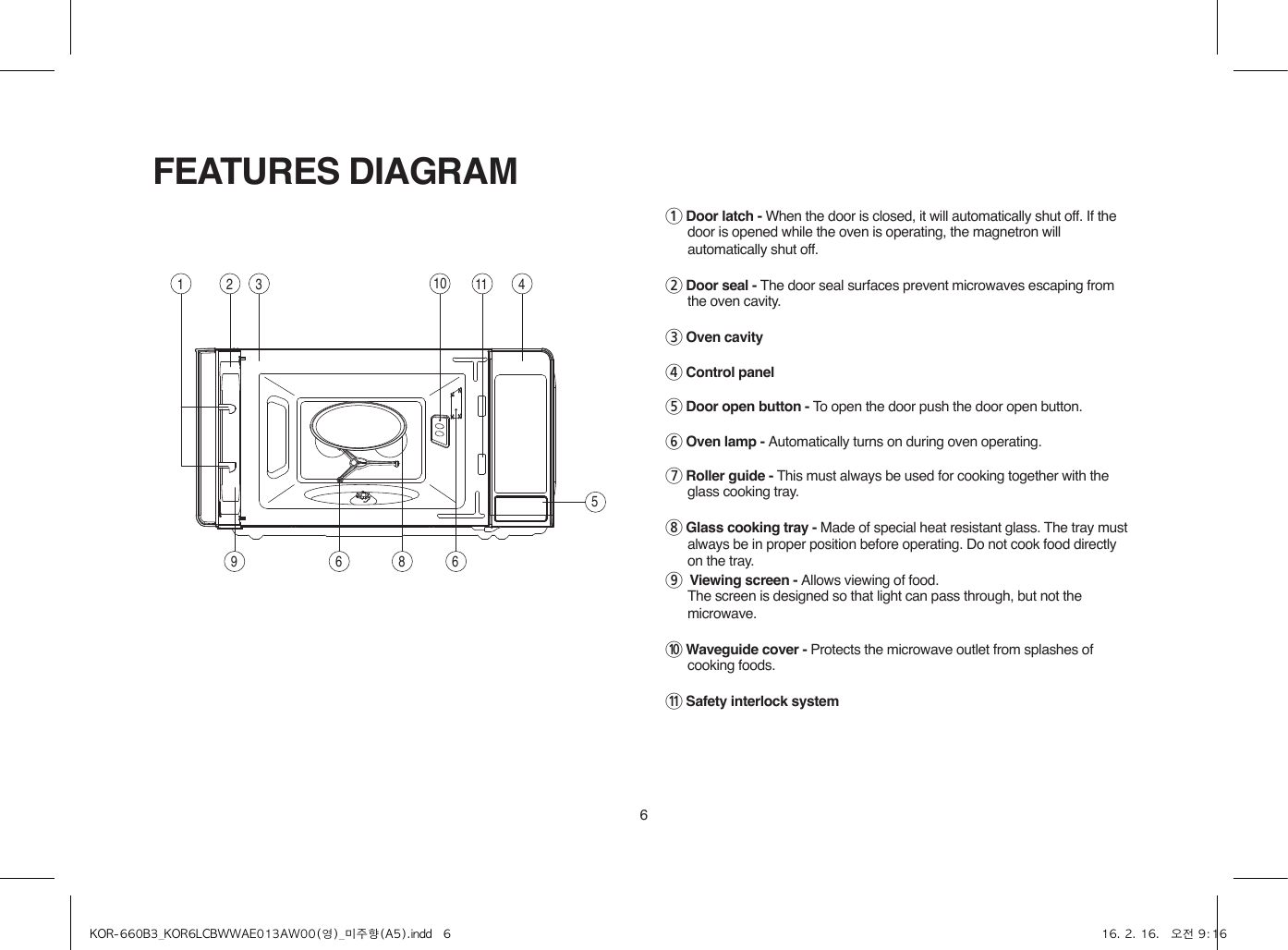 61 Door latch - When the door is closed, it will automatically shut off. If the door is opened while the oven is operating, the magnetron will automatically shut off.2 Door seal - The door seal surfaces prevent microwaves escaping from the oven cavity.3 Oven cavity4 Control panel5 Door open button - To open the door push the door open button.6 Oven lamp - Automatically turns on during oven operating.7 Roller guide - This must always be used for cooking together with the glass cooking tray.8 Glass cooking tray - Made of special heat resistant glass. The tray must always be in proper position before operating. Do not cook food directly on the tray.9  Viewing screen - Allows viewing of food. The screen is designed so that light can pass through, but not the microwave.0 Waveguide cover - Protects the microwave outlet from splashes of cooking foods.q Safety interlock system FEATURES DIAGRAM1 2 3 119 6 846105KOR-660B3_KOR6LCBWWAE013AW00(영)_미주향(A5).indd   6 16. 2. 16.   오전 9:16