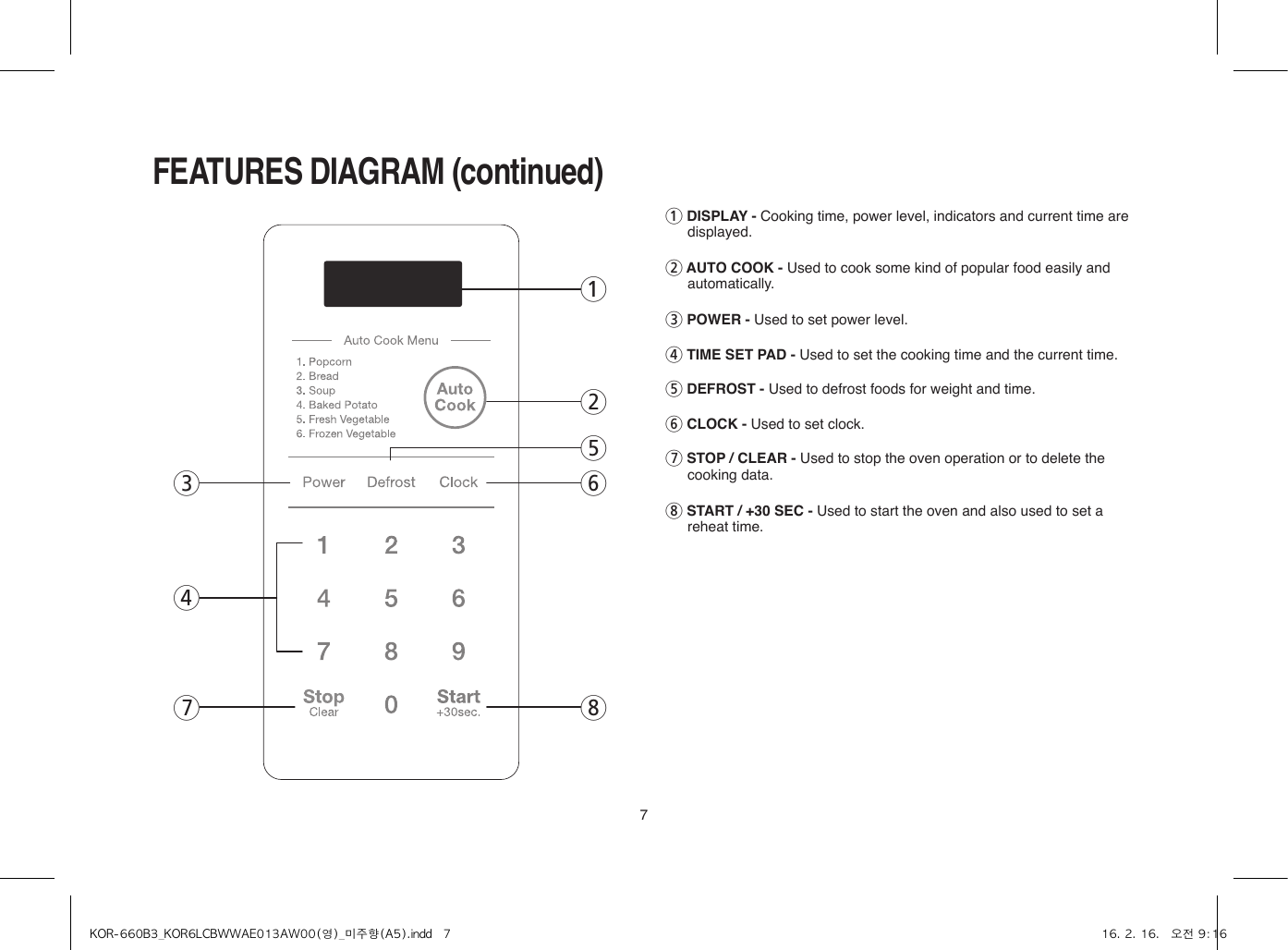 71 DISPLAY - Cooking time, power level, indicators and current time are displayed.2 AUTO COOK - Used to cook some kind of popular food easily and automatically.3 POWER - Used to set power level.4 TIME SET PAD - Used to set the cooking time and the current time.5 DEFROST - Used to defrost foods for weight and time.6 CLOCK - Used to set clock. 7 STOP / CLEAR - Used to stop the oven operation or to delete the cooking data.8 START / +30 SEC - Used to start the oven and also used to set a reheat time.FEATURES DIAGRAM (continued)16534872KOR-660B3_KOR6LCBWWAE013AW00(영)_미주향(A5).indd   7 16. 2. 16.   오전 9:16