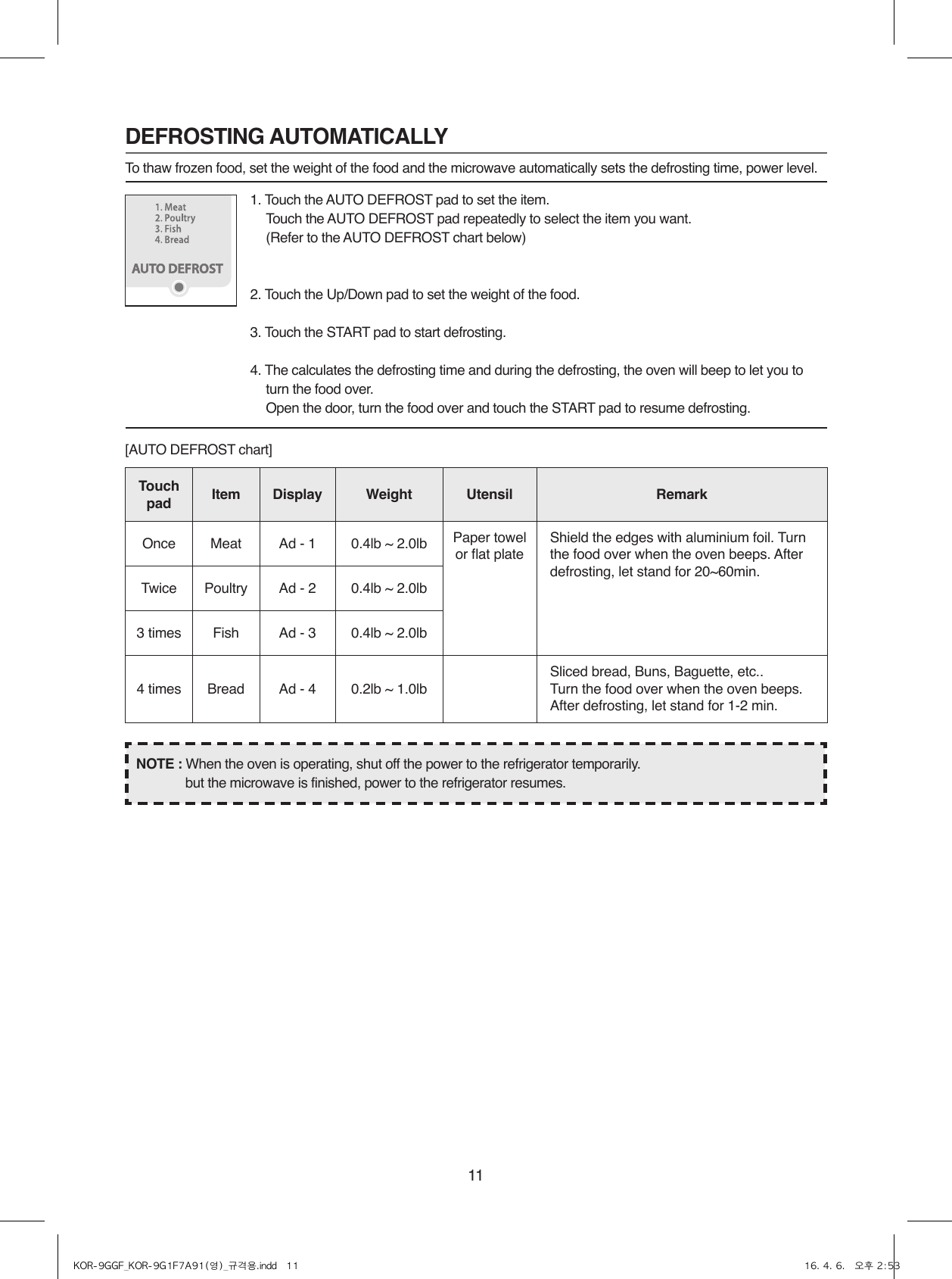 11NOTE : When the oven is operating, shut off the power to the refrigerator temporarily.  but the microwave is finished, power to the refrigerator resumes.[AUTO DEFROST chart]DEFROSTING AUTOMATICALLYTo thaw frozen food, set the weight of the food and the microwave automatically sets the defrosting time, power level.1. Touch the AUTO DEFROST pad to set the item.  Touch the AUTO DEFROST pad repeatedly to select the item you want.  (Refer to the AUTO DEFROST chart below)2. Touch the Up/Down pad to set the weight of the food.3. Touch the START pad to start defrosting.4.  The calculates the defrosting time and during the defrosting, the oven will beep to let you to turn the food over.   Open the door, turn the food over and touch the START pad to resume defrosting.Touch  pad Item Display Weight Utensil RemarkOnce Meat Ad - 1 0.4lb ~ 2.0lb Paper towel or flat plateShield the edges with aluminium foil. Turn the food over when the oven beeps. After defrosting, let stand for 20~60min.Twice Poultry Ad - 2 0.4lb ~ 2.0lb3 times Fish Ad - 3 0.4lb ~ 2.0lb4 times Bread Ad - 4 0.2lb ~ 1.0lbSliced bread, Buns, Baguette, etc..Turn the food over when the oven beeps.After defrosting, let stand for 1-2 min.KOR-9GGF_KOR-9G1F7A91(영)_규격용.indd   11 16. 4. 6.   오후 2:53