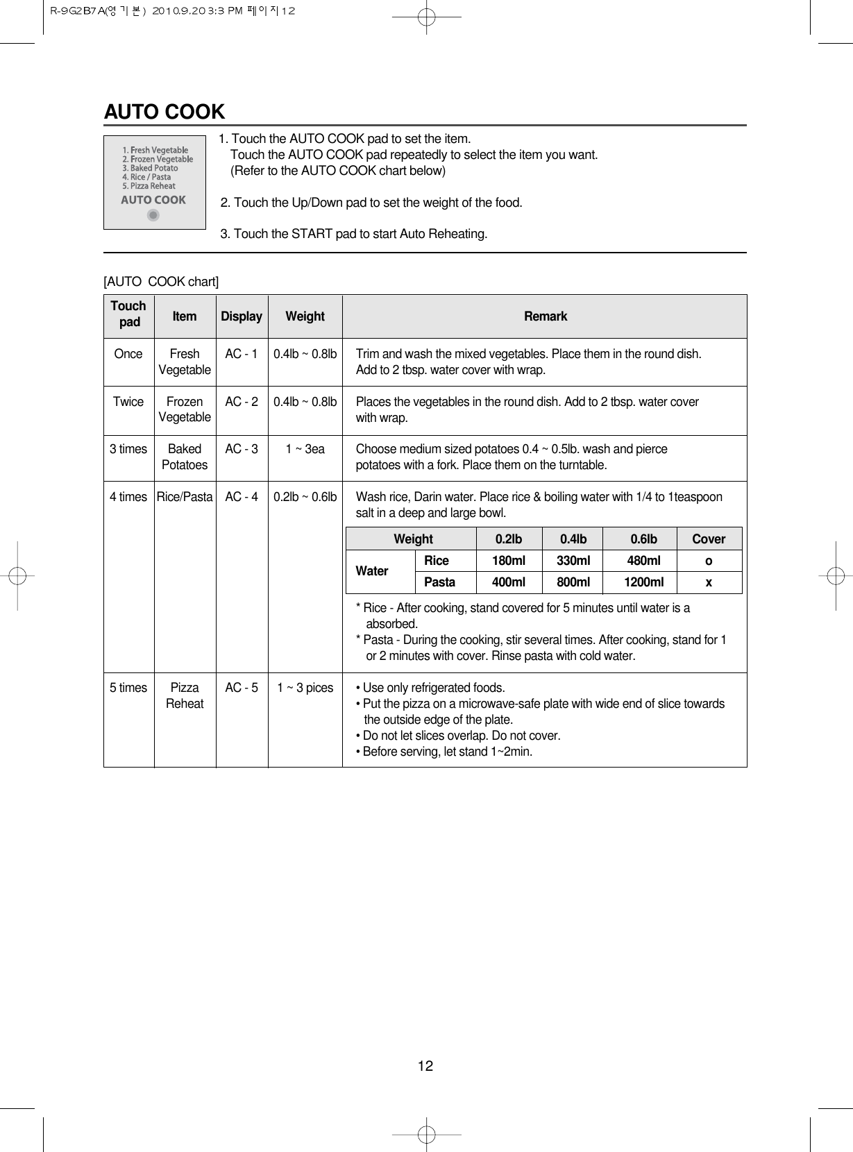 12AUTO COOK1. Touch the AUTO COOK pad to set the item.Touch the AUTO COOK pad repeatedly to select the item you want.(Refer to the AUTO COOK chart below)2. Touch the Up/Down pad to set the weight of the food.3. Touch the START pad to start Auto Reheating. [AUTO  COOK chart]Touch padOnceTwice3 times4 times5 timesItemFreshVegetableFrozenVegetableBakedPotatoesRice/PastaPizzaReheatDisplayAC - 1AC - 2AC - 3AC - 4AC - 5Weight0.4lb ~ 0.8lb0.4lb ~ 0.8lb1 ~ 3ea0.2lb ~ 0.6lb1 ~ 3 picesRemarkTrim and wash the mixed vegetables. Place them in the round dish. Add to 2 tbsp. water cover with wrap.Places the vegetables in the round dish. Add to 2 tbsp. water coverwith wrap.Choose medium sized potatoes 0.4 ~ 0.5lb. wash and pierce potatoes with a fork. Place them on the turntable.Wash rice, Darin water. Place rice &amp; boiling water with 1/4 to 1teaspoonsalt in a deep and large bowl.* Rice - After cooking, stand covered for 5 minutes until water is aabsorbed.* Pasta - During the cooking, stir several times. After cooking, stand for 1or 2 minutes with cover. Rinse pasta with cold water.• Use only refrigerated foods.• Put the pizza on a microwave-safe plate with wide end of slice towardsthe outside edge of the plate.• Do not let slices overlap. Do not cover.• Before serving, let stand 1~2min.Weight 0.2lb 0.4lb 0.6lb CoverWater   Rice 180ml 330ml 480ml oPasta 400ml 800ml 1200ml x