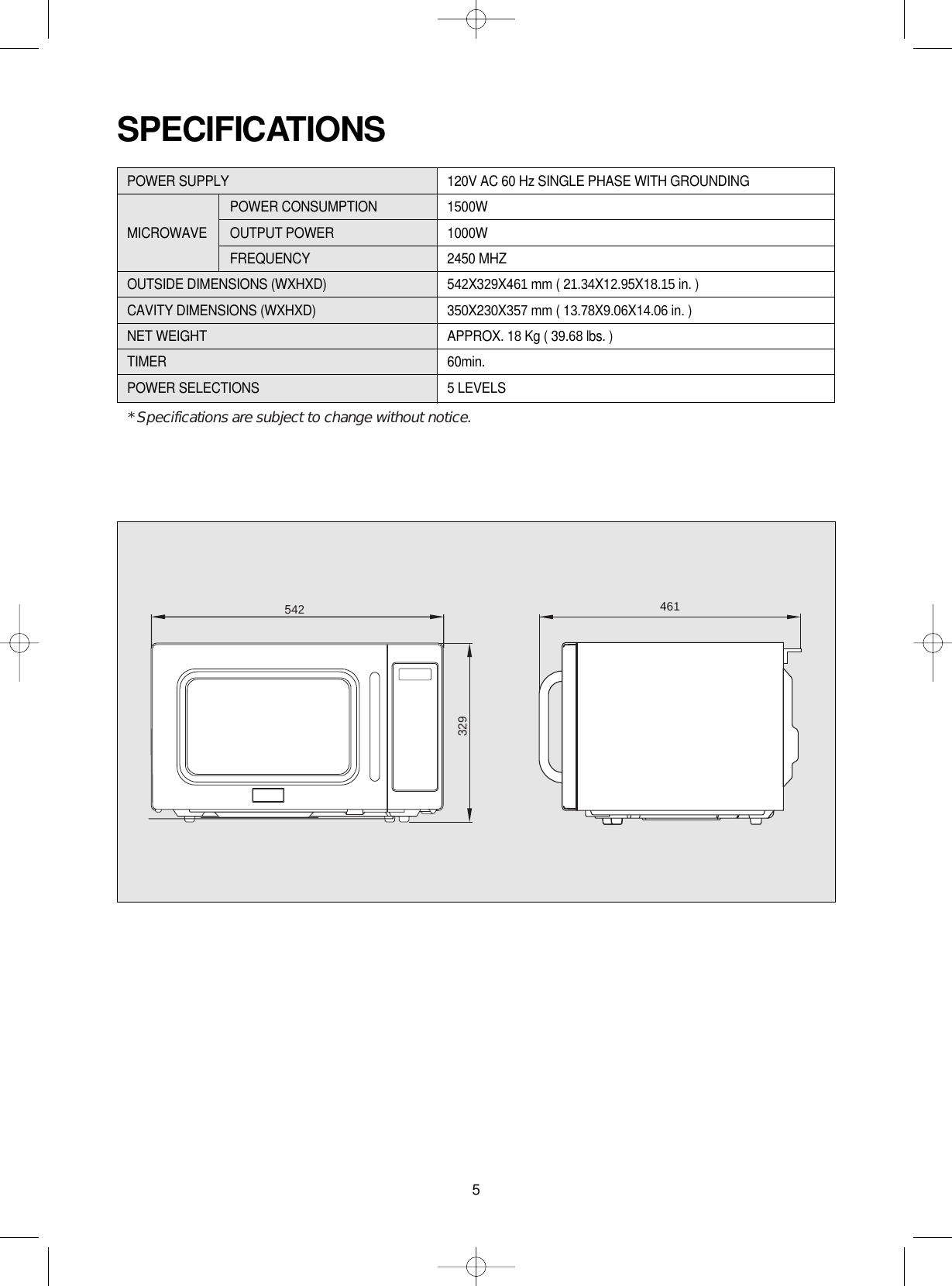 5SPECIFICATIONSPOWER SUPPLY 120V AC 60 Hz SINGLE PHASE WITH GROUNDINGPOWER CONSUMPTION 1500WMICROWAVE OUTPUT POWER 1000W FREQUENCY 2450 MHZOUTSIDE DIMENSIONS (WXHXD) 542X329X461 mm ( 21.34X12.95X18.15 in. )CAVITY DIMENSIONS (WXHXD) 350X230X357 mm ( 13.78X9.06X14.06 in. )NET WEIGHT APPROX. 18 Kg ( 39.68 lbs. )TIMER 60min.POWER SELECTIONS 5 LEVELS* Specifications are subject to change without notice.542 461329