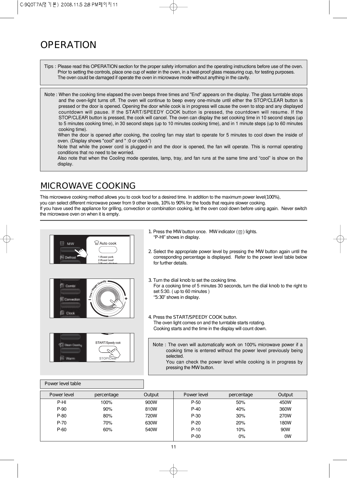 11Note : The oven will automatically work on 100% microwave power if acooking time is entered without the power level previously beingselected.You can check the power level while cooking is in progress bypressing the MW button.This microwave cooking method allows you to cook food for a desired time. In addition to the maximum power level(100%),you can select different microwave power from 9 other levels, 10% to 90% for the foods that require slower cooking.If you have used the appliance for grilling, convection or combination cooking, let the oven cool down before using again.  Never switchthe microwave oven on when it is empty.MICROWAVE COOKING1. Press the MW button once.  MW indicator ( ) lights. “P-HI” shows in display.2. Select the appropriate power level by pressing the MW button again until thecorresponding percentage is displayed.  Refer to the power level table belowfor further details.3. Turn the dial knob to set the cooking time.For a cooking time of 5 minutes 30 seconds, turn the dial knob to the right toset 5:30. ( up to 60 minutes )“5:30” shows in display.4. Press the START/SPEEDY COOK button.The oven light comes on and the turntable starts rotating.Cooking starts and the time in the display will count down.Tips : Please read this OPERATION section for the proper safety information and the operating instructions before use of the oven.Prior to setting the controls, place one cup of water in the oven, in a heat-proof glass measuring cup, for testing purposes.The oven could be damaged if operate the oven in microwave mode without anything in the cavity.Note : When the cooking time elapsed the oven beeps three times and &quot;End&quot; appears on the display. The glass turntable stopsand the oven-light turns off. The oven will continue to beep every one-minute until either the STOP/CLEAR button ispressed or the door is opened. Opening the door while cook is in progress will cause the oven to stop and any displayedcountdown will pause. If the START/SPEEDY COOK button is pressed, the countdown will resume. If theSTOP/CLEAR button is pressed, the cook will cancel. The oven can display the set cooking time in 10 second steps (upto 5 minutes cooking time), in 30 second steps (up to 10 minutes cooking time), and in 1 minute steps (up to 60 minutescooking time).When the door is opened after cooking, the cooling fan may start to operate for 5 minutes to cool down the inside ofoven. (Display shows &quot;cool&quot; and &quot; :0 or clock&quot;) Note that while the power cord is plugged-in and the door is opened, the fan will operate. This is normal operatingconditions that no need to be worried. Also note that when the Cooling mode operates, lamp, tray, and fan runs at the same time and “cool” is show on thedisplay.OPERATIONPower level tablePower levelP-HIP-90P-80P-70P-60percentage100%990%980%970%960%Output900W810W720W630W540WPower levelP-50P-40P-30P-20P-10P-00percentage50%40%30%20%10%90%Output450W360W270W180W90W900W