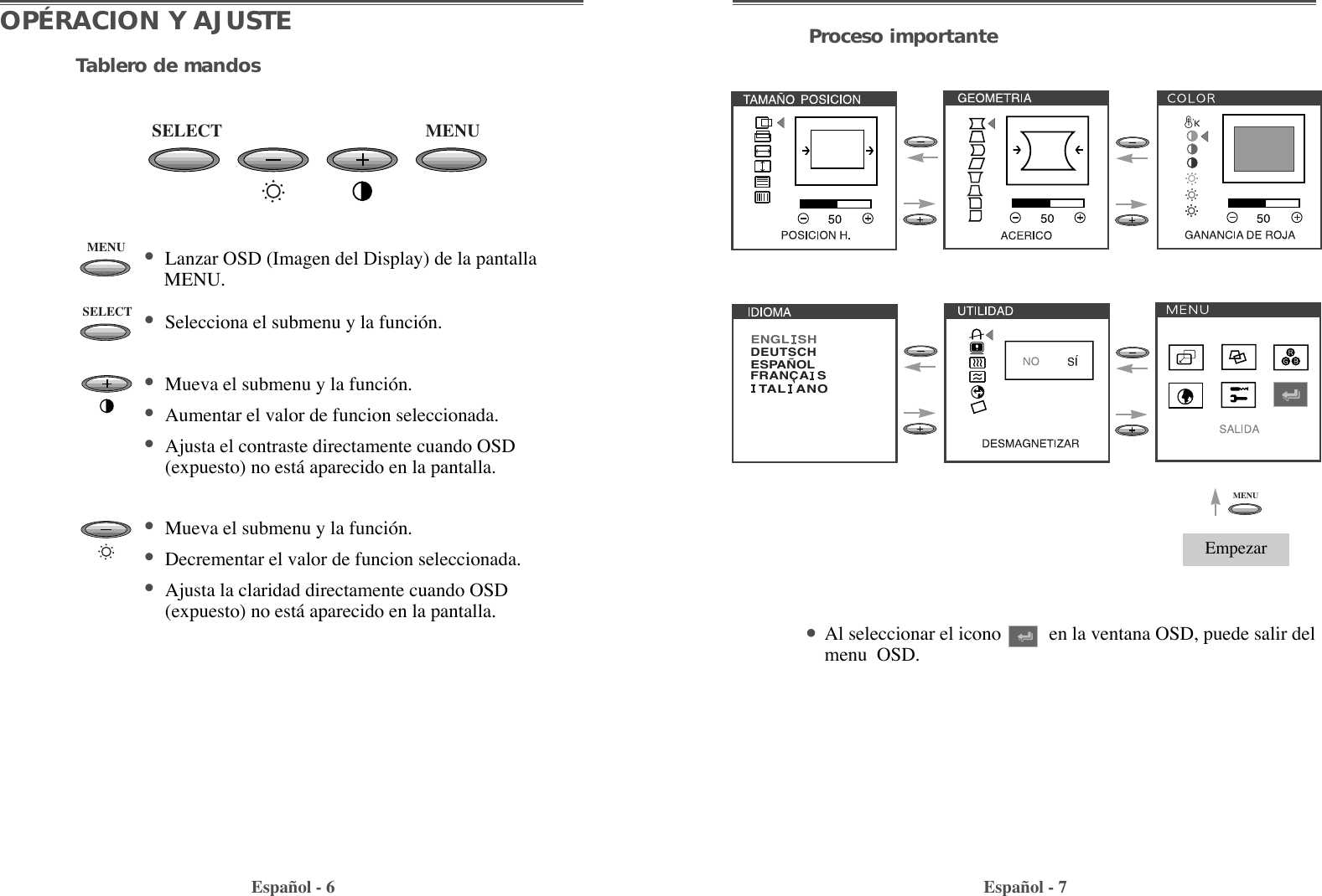 Espa–ol - 6 Espa–ol - 7Proceso importante¥Al seleccionar el icono          en la ventana OSD, puede salir delmenu  OSD.OPÉRACION Y AJUSTEMENUSELECTMENUSELECTTablero de mandos¥Lanzar OSD (Imagen del Display) de la pantalla  MENU.¥Selecciona el submenu y la funci—n.¥Mueva el submenu y la funci—n.¥Aumentar el valor de funcion seleccionada.¥Ajusta el contraste directamente cuando OSD(expuesto) no est‡ aparecido en la pantalla.¥Mueva el submenu y la funci—n.¥Decrementar el valor de funcion seleccionada.¥Ajusta la claridad directamente cuando OSD(expuesto) no est‡ aparecido en la pantalla.DEUTSCHENGL  SHESPA„OLFRANCA  STAL  ANOMENUEmpezar 