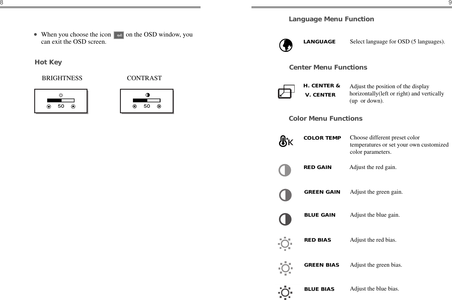 9Select language for OSD (5 languages).LANGUAGECenter Menu FunctionsLanguage Menu FunctionAdjust the position of the displayhorizontally(left or right) and vertically(up  or down). H. CENTER &amp;    V. CENTER    Color Menu FunctionsChoose different preset colortemperatures or set your own customizedcolor parameters.Adjust the red gain.Adjust the green gain.Adjust the blue gain.COLOR TEMPRED GAINGREEN GAINBLUE GAINAdjust the red bias.Adjust the green bias.Adjust the blue bias.RED BIASGREEN BIASBLUE BIAS8•When you choose the icon         on the OSD window, youcan exit the OSD screen.  Hot KeyBRIGHTNESS                           CONTRAST