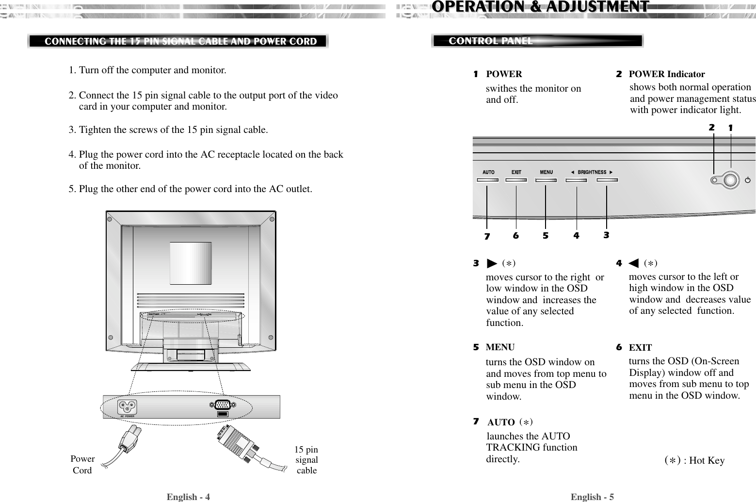 AC  POWERmoves cursor to the right  orlow window in the OSDwindow and  increases thevalue of any selectedfunction.English - 5OPERAOPERATION &amp; ADJUSTMENTTION &amp; ADJUSTMENTCONTROL PANELMENU EXITAUTOswithes the monitor onand off.shows both normal operationand power management statuswith power indicator light.POWER IndicatorPOWER11334455667722moves cursor to the left orhigh window in the OSDwindow and  decreases valueof any selected  function.turns the OSD window onand moves from top menu tosub menu in the OSDwindow.turns the OSD (On-ScreenDisplay) window off andmoves from sub menu to topmenu in the OSD window.launches the AUTOTRACKING functiondirectly.English - 41. Turn off the computer and monitor.2. Connect the 15 pin signal cable to the output port of the videocard in your computer and monitor.3. Tighten the screws of the 15 pin signal cable.4. Plug the power cord into the AC receptacle located on the backof the monitor. 5. Plug the other end of the power cord into the AC outlet.PowerCordCONNECTING THE 15 PIN SIGNAL CABLE AND POWER CORD*(   ) *(   )*(   )*(   ) : Hot Key15 pinsignalcable