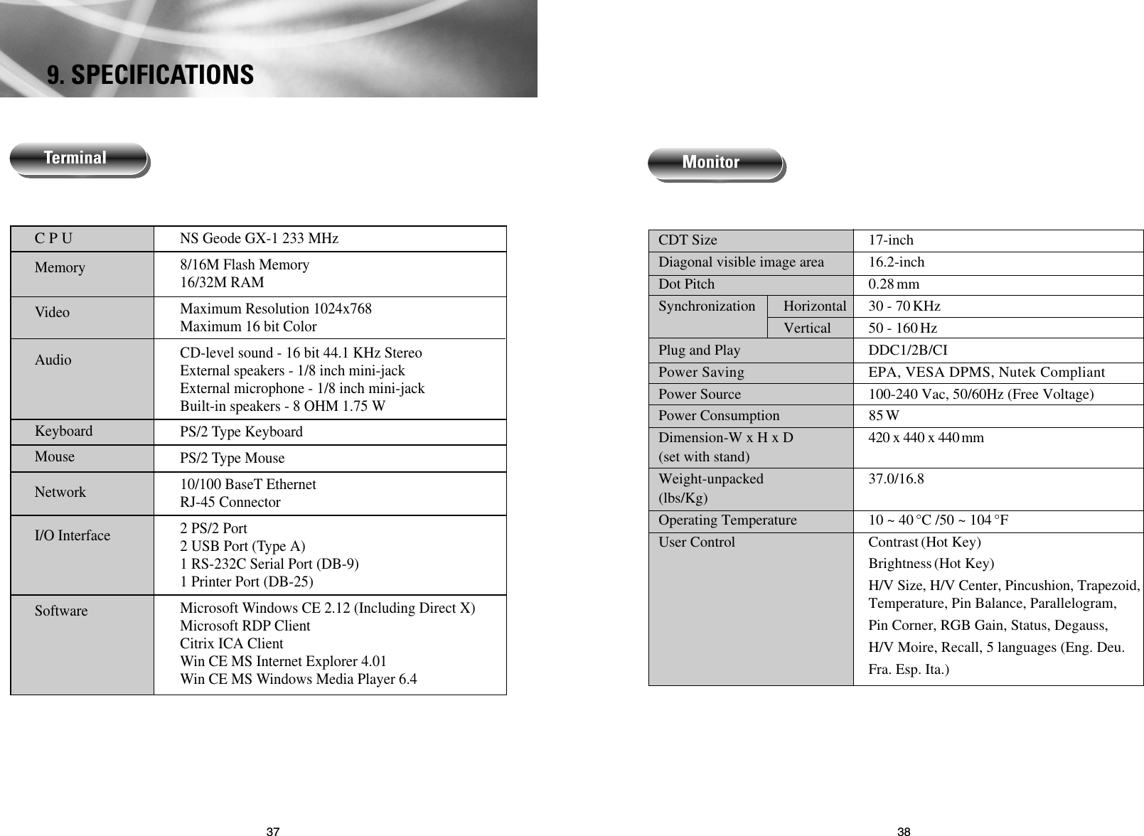 3837Monitor9. SPECIFICATIONSNS Geode GX-1 233 MHz8/16M Flash Memory16/32M RAMMaximum Resolution 1024x768Maximum 16 bit ColorCD-level sound - 16 bit 44.1 KHz StereoExternal speakers - 1/8 inch mini-jackExternal microphone - 1/8 inch mini-jackBuilt-in speakers - 8 OHM 1.75 WPS/2 Type KeyboardPS/2 Type Mouse10/100 BaseT EthernetRJ-45 Connector2 PS/2 Port2 USB Port (Type A)1 RS-232C Serial Port (DB-9)1 Printer Port (DB-25)Microsoft Windows CE 2.12 (Including Direct X)Microsoft RDP ClientCitrix ICA ClientWin CE MS Internet Explorer 4.01Win CE MS Windows Media Player 6.4C P UMemoryVideoAudioKeyboardMouseNetworkI/O InterfaceSoftwareTerminal CDT Size 17-inchDiagonal visible image area 16.2-inchDot Pitch 0.28mm                         Synchronization Horizontal 30 - 70KHzVertical 50 - 160Hz Plug and Play DDC1/2B/CIPower Saving EPA, VESA DPMS, Nutek CompliantPower Source 100-240 Vac, 50/60Hz (Free Voltage)Power Consumption 85WDimension-W x H x D 420 x 440 x 440mm        (set with stand)Weight-unpacked 37.0/16.8(lbs/Kg)Operating Temperature 10 ~ 40°C /50 ~ 104°FUser Control Contrast(Hot Key)Brightness(Hot Key)H/V Size, H/V Center, Pincushion, Trapezoid,Temperature, Pin Balance, Parallelogram,Pin Corner, RGB Gain, Status, Degauss, H/V Moire, Recall, 5 languages (Eng. Deu. Fra. Esp. Ita.)
