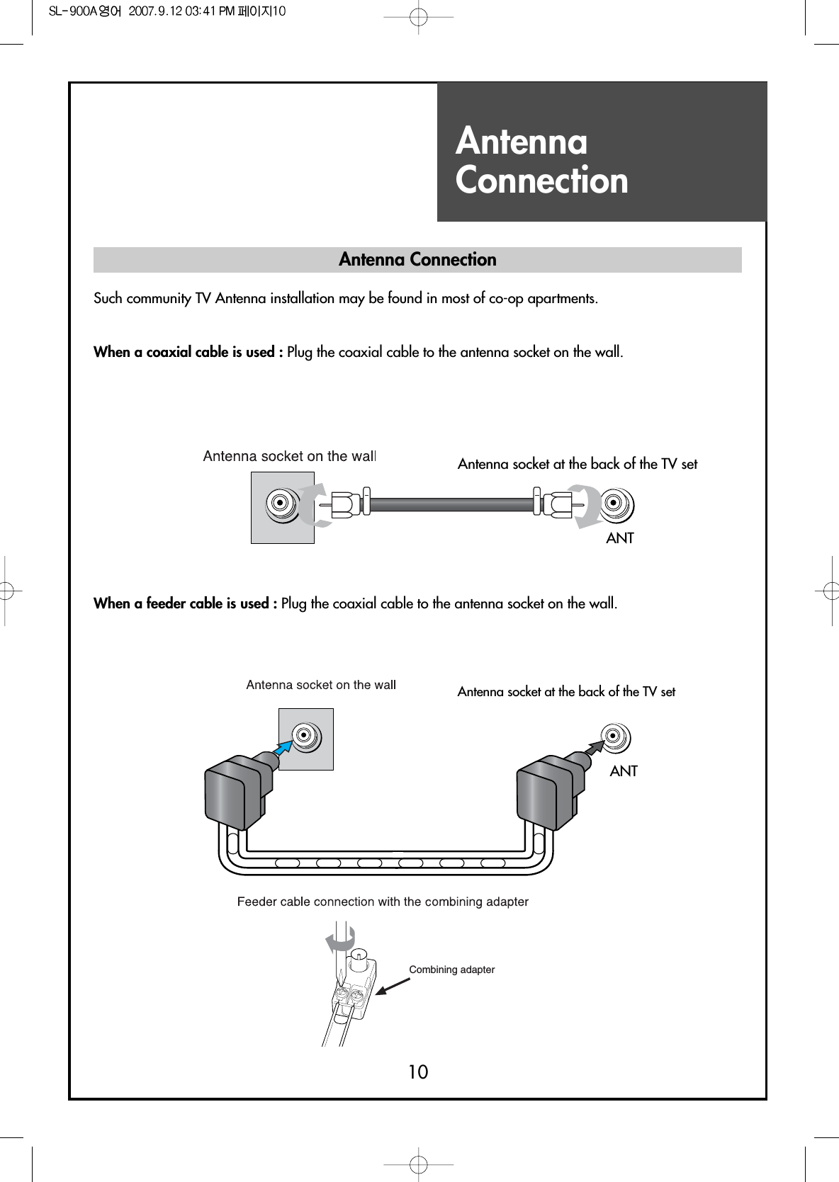 AntennaConnection10Antenna socket at the back of the TV setANTANTCombining adapterAntenna ConnectionSuch community TV Antenna installation may be found in most of co-op apartments.When a coaxial cable is used : Plug the coaxial cable to the antenna socket on the wall.When a feeder cable is used : Plug the coaxial cable to the antenna socket on the wall.Antenna socket at the back of the TV set