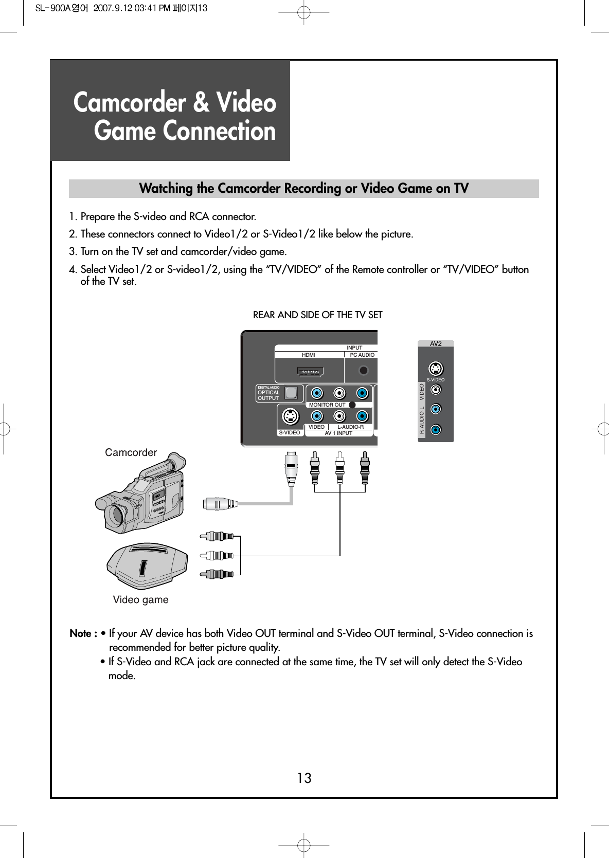 Camcorder &amp; VideoGame Connection13Note : • If your AV device has both Video OUT terminal and S-Video OUT terminal, S-Video connection isrecommended for better picture quality.• If S-Video and RCA jack are connected at the same time, the TV set will only detect the S-Videomode.Watching the Camcorder Recording or Video Game on TV1. Prepare the S-video and RCA connector.2. These connectors connect to Video1/2 or S-Video1/2 like below the picture.3. Turn on the TV set and camcorder/video game.4. Select Video1/2 or S-video1/2, using the “TV/VIDEO” of the Remote controller or “TV/VIDEO” buttonof the TV set.S-VIDEO AV 1 INPUT COMPONENT INPUTL-AUDIO-RVIDEO L-AUDIO-RMONITOR OUTOPTICALOUTPUTPC AUDIOHDMIINPUTSERVICEPb/Cb Pr/CrDIGITAL AUDIOREAR AND SIDE OF THE TV SET