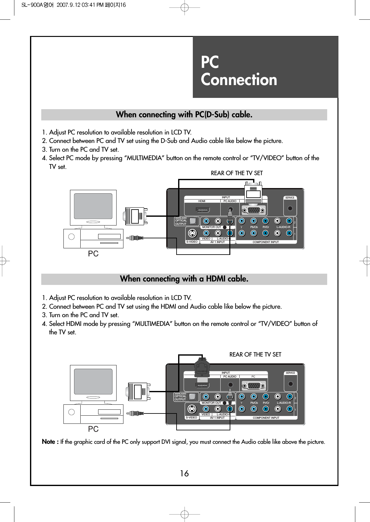 PC Connection16S-VIDEO AV 1 INPUT COMPONENT INPUTL-AUDIO-RVIDEO L-AUDIO-RMONITOR OUTOPTICALOUTPUTPC AUDIOHDMIINPUTSERVICEPb/Cb Pr/CrDIGITAL AUDIO1. Adjust PC resolution to available resolution in LCD TV.2. Connect between PC and TV set using the D-Sub and Audio cable like below the picture.3. Turn on the PC and TV set.4. Select PC mode by pressing “MULTIMEDIA” button on the remote control or “TV/VIDEO” button of theTV set.S-VIDEO AV 1 INPUT COMPONENT INPUTL-AUDIO-RVIDEO L-AUDIO-RMONITOR OUTOPTICALOUTPUTPC AUDIOHDMIINPUTSERVICEPb/Cb Pr/CrDIGITAL AUDIO1. Adjust PC resolution to available resolution in LCD TV.2. Connect between PC and TV set using the HDMI and Audio cable like below the picture.3. Turn on the PC and TV set.4. Select HDMI mode by pressing “MULTIMEDIA” button on the remote control or “TV/VIDEO” button ofthe TV set.REAR OF THE TV SETREAR OF THE TV SETWhen connecting with PC(D-Sub) cable.When connecting with a HDMI cable.Note : If the graphic card of the PC only support DVI signal, you must connect the Audio cable like above the picture.