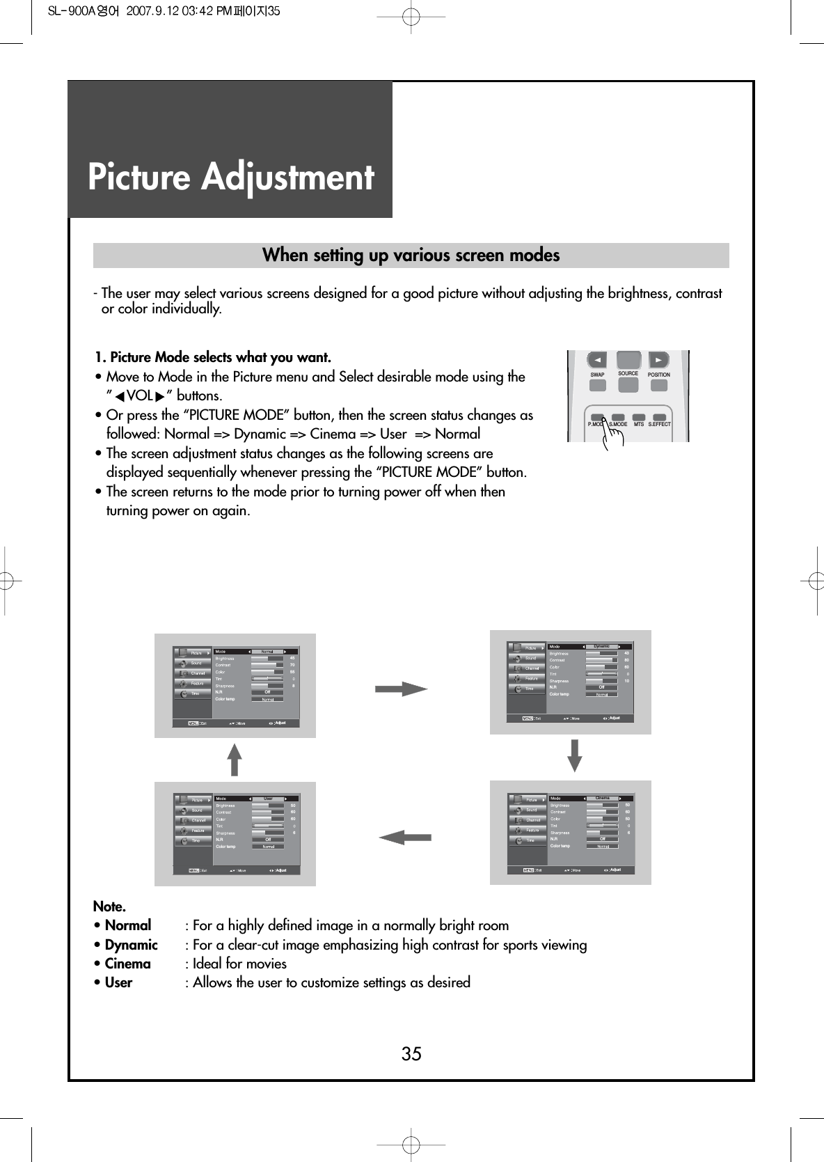 Picture Adjustment35- The user may select various screens designed for a good picture without adjusting the brightness, contrastor color individually.Note.• Normal : For a highly defined image in a normally bright room• Dynamic : For a clear-cut image emphasizing high contrast for sports viewing• Cinema : Ideal for movies• User : Allows the user to customize settings as desiredColor tempOffGRN.RDynamicAdjust43806010Color tempOffGRN.RCinemaAdjust5060506Color tempOffGRN.RAdjust4570558Color tempOffGRN.RUserAdjust5060606When setting up various screen modes1. Picture Mode selects what you want.                                           • Move to Mode in the Picture menu and Select desirable mode using the”VOL ” buttons.• Or press the “PICTURE MODE” button, then the screen status changes asfollowed: Normal =&gt; Dynamic =&gt; Cinema =&gt; User  =&gt; Normal• The screen adjustment status changes as the following screens aredisplayed sequentially whenever pressing the “PICTURE MODE” button.• The screen returns to the mode prior to turning power off when thenturning power on again.CCSWAPP.MODE S.MODE S.EFFECTMTSSOURCE POSITION