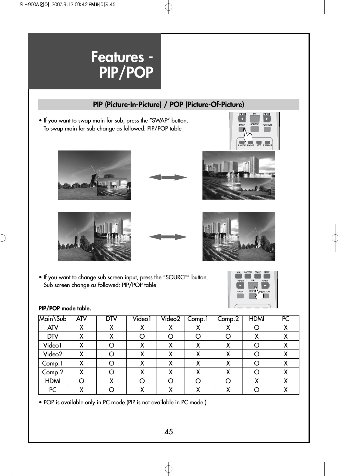 Features - PIP/POP45PIP (Picture-In-Picture) / POP (Picture-Of-Picture)• If you want to swap main for sub, press the “SWAP” button.To swap main for sub change as followed: PIP/POP table• If you want to change sub screen input, press the “SOURCE” button.Sub screen change as followed: PIP/POP table• POP is available only in PC mode.(PIP is not available in PC mode.)PIP/POP mode table.Main\Sub ATV DTV Video1 Video2 Comp.1 Comp.2 HDMI PCATV X X  X  X  X  X O  XDTV X X O O O O X XVideo1 X  O  X  X  X  X  O  XVideo2 X  O  X  X  X  X  O XComp.1 X  O  X  X  X  X  O  XComp.2 X  O  X  X  X  X  O  XHDMI O  X  O  O  O  O  X  XPC X  O  X  X X  X  O  XSIZE CAPTIONPIP CH PIP CHPIPSWAP SOURCE POSITIONSLEEPADD/ERASEPIP CH PIP CHPIPSWAPP.MODE S.MODE S.EFFECTMTSSOURCE POSITION