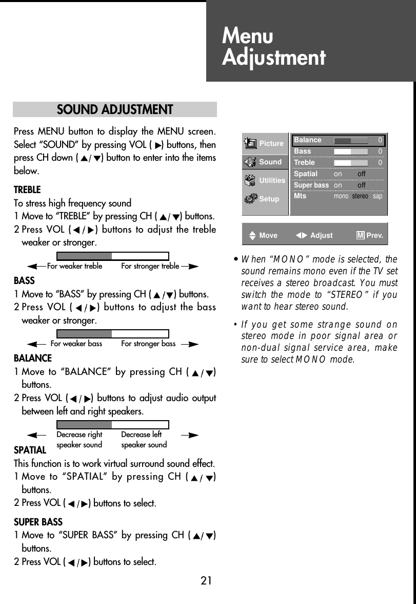 MenuAdjustment21SOUND ADJUSTMENTPress MENU button  to display the  MENU screen.Select “SOUND” by pressing VOL ( ) buttons, thenpress CH down ( ) button to enter into the itemsbelow.TREBLETo stress high frequency sound1 Move to “TREBLE” by pressing CH ( ) buttons.2 Press VOL ( ) buttons to adjust the trebleweaker or stronger.BASS1 Move to “BASS” by pressing CH ( ) buttons.2 Press VOL ( ) buttons to adjust the bassweaker or stronger.BALANCE1 Move to “BALANCE” by pressing CH ( )buttons.2 Press VOL  ( ) buttons  to adjust  audio  outputbetween left and right speakers.SPATIALThis function is to work virtual surround sound effect.1 Move to “SPATIAL” by pressing CH ( )buttons.2 Press VOL ( ) buttons to select.SUPER BASS1 Move to “SUPER  BASS”  by  pressing CH  ( )buttons.2 Press VOL ( ) buttons to select.Picture Balance 0Bass 0Treble 0Spatial on offSuper basson offMtsmono stereo sapSoundUtilitiesSetupMove Adjust Prev.MFor weaker treble For stronger trebleFor weaker bass For stronger bassDecrease rightspeaker soundDecrease leftspeaker sound• When “MONO” mode is selected, thesound remains mono even if the TV setreceives a stereo broadcast. You mustswitch the mode to “STEREO” if youwant to hear stereo sound.• If you get some strange sound onstereo mode in poor signal area ornon-dual signal service area, makesure to select MONO mode.