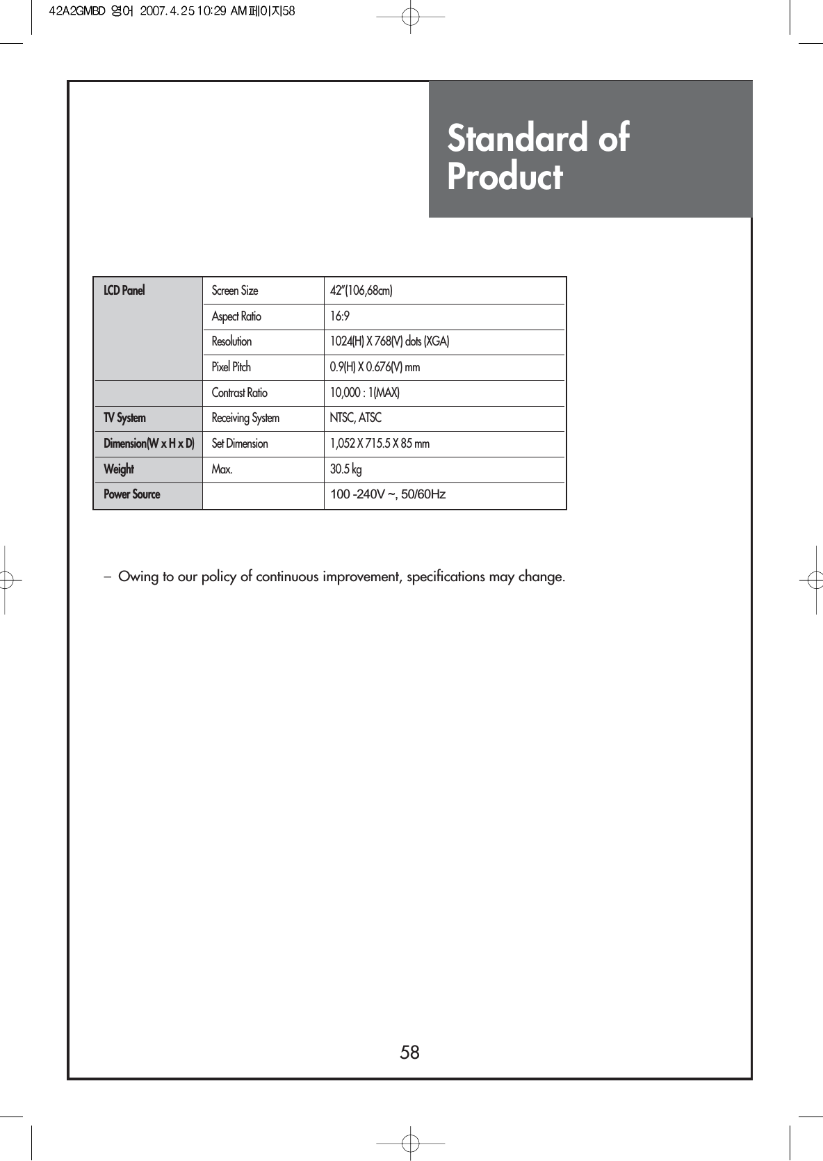 58Standard ofProductOwing to our policy of continuous improvement, specifications may change.LCD Panel Screen Size 42”(106,68cm)Aspect Ratio 16:9Resolution 1024(H) X 768(V) dots (XGA)Pixel Pitch 0.9(H) X 0.676(V) mmContrast Ratio 10,000 : 1(MAX)TV System Receiving System NTSC, ATSCDimension(W x H x D)  Set Dimension 1,052 X 715.5 X 85 mmWeight Max. 30.5 kgPower Source100 -240V ~, 50/60Hz