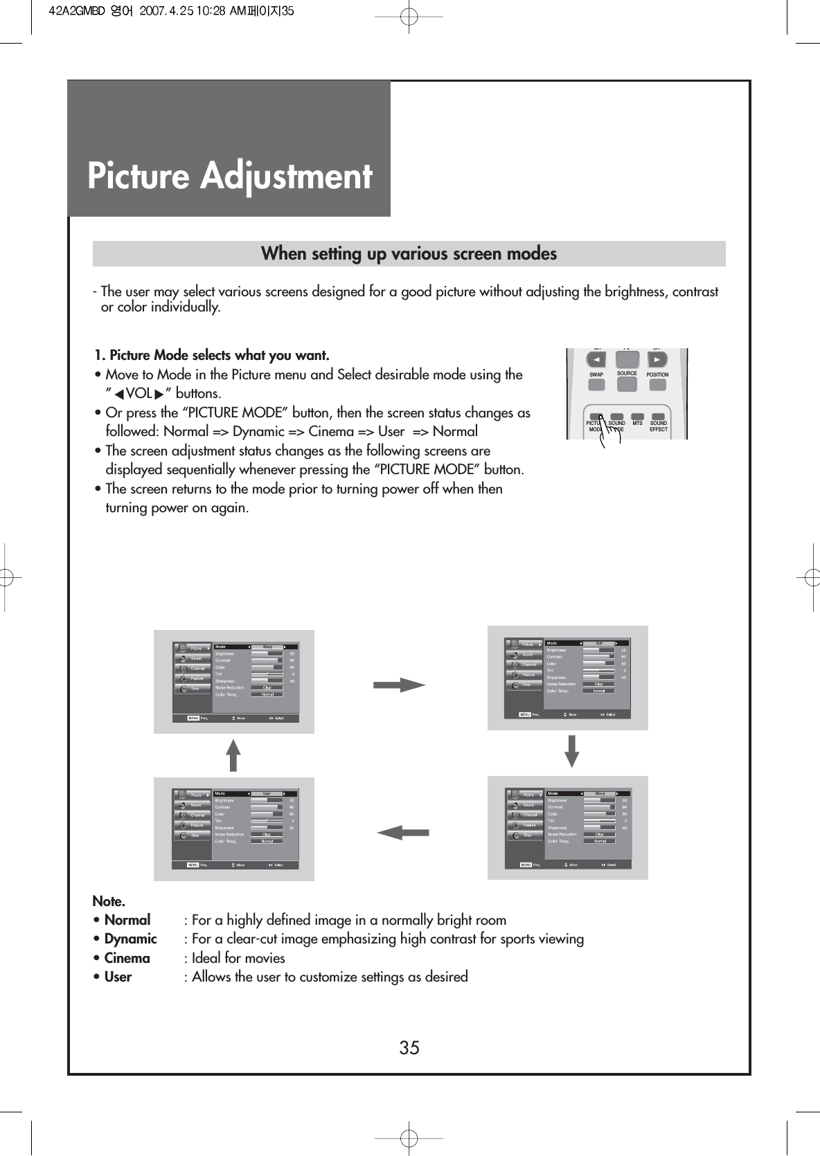 Picture Adjustment35- The user may select various screens designed for a good picture without adjusting the brightness, contrastor color individually.Note.• Normal : For a highly defined image in a normally bright room• Dynamic : For a clear-cut image emphasizing high contrast for sports viewing• Cinema : Ideal for movies• User : Allows the user to customize settings as desiredWhen setting up various screen modes1. Picture Mode selects what you want.                                           • Move to Mode in the Picture menu and Select desirable mode using the”VOL ” buttons.• Or press the “PICTURE MODE” button, then the screen status changes asfollowed: Normal =&gt; Dynamic =&gt; Cinema =&gt; User  =&gt; Normal• The screen adjustment status changes as the following screens aredisplayed sequentially whenever pressing the “PICTURE MODE” button.• The screen returns to the mode prior to turning power off when thenturning power on again.CH PIP CHSWAPPICTUREMODESOUNDMODEMTS SOUNDEFFECTSOURCE POSITION