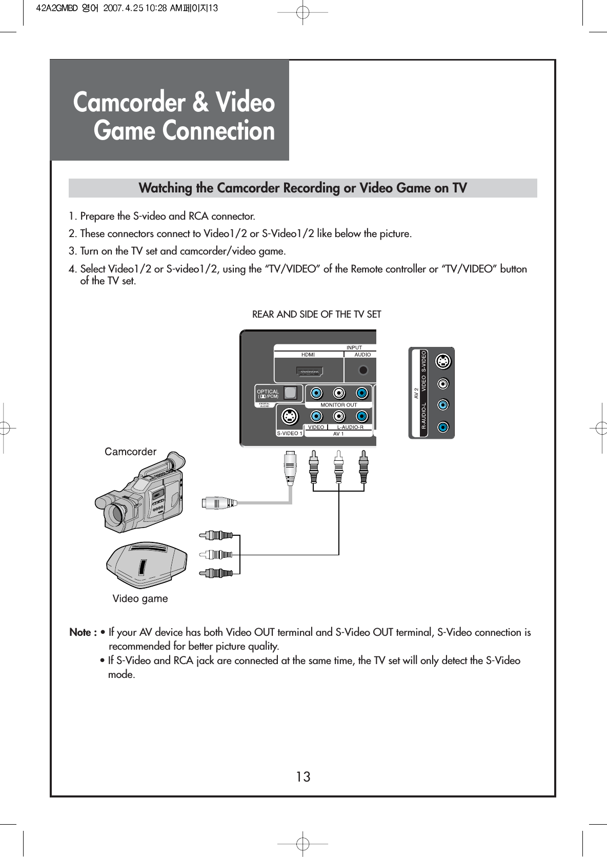 Camcorder &amp; VideoGame Connection13Note : • If your AV device has both Video OUT terminal and S-Video OUT terminal, S-Video connection isrecommended for better picture quality.• If S-Video and RCA jack are connected at the same time, the TV set will only detect the S-Videomode.Watching the Camcorder Recording or Video Game on TV1. Prepare the S-video and RCA connector.2. These connectors connect to Video1/2 or S-Video1/2 like below the picture.3. Turn on the TV set and camcorder/video game.4. Select Video1/2 or S-video1/2, using the “TV/VIDEO” of the Remote controller or “TV/VIDEO” buttonof the TV set.REAR AND SIDE OF THE TV SET