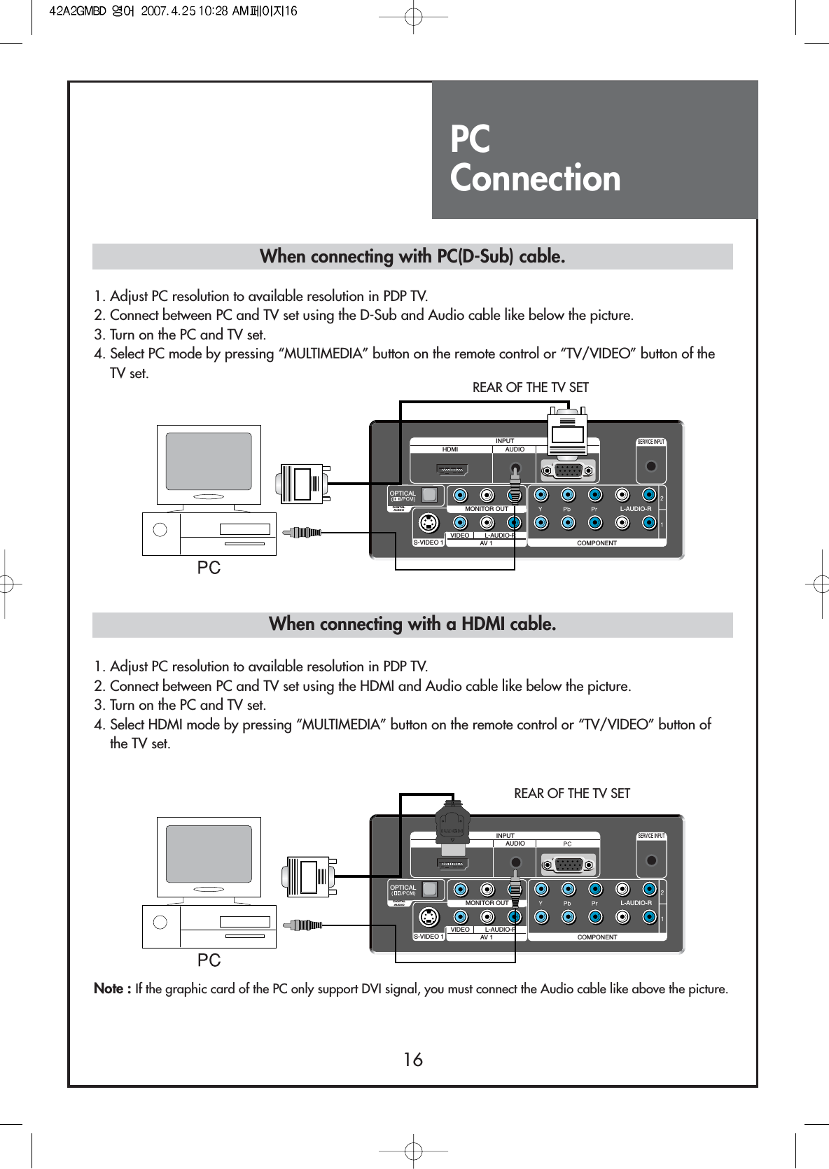 PC Connection16S-VIDEO 1 AV 1 COMPONENTL-AUDIO-RVIDEO L-AUDIO-RMONITOR OUTDIGITALAUDIOOPTICALAUDIOHDMIINPUTSERVICE INPUT1. Adjust PC resolution to available resolution in PDP TV.2. Connect between PC and TV set using the D-Sub and Audio cable like below the picture.3. Turn on the PC and TV set.4. Select PC mode by pressing “MULTIMEDIA” button on the remote control or “TV/VIDEO” button of theTV set.S-VIDEO 1 AV 1 COMPONENTL-AUDIO-RVIDEO L-AUDIO-RMONITOR OUTDIGITALAUDIOOPTICALAUDIOHDMIINPUTSERVICE INPUT1. Adjust PC resolution to available resolution in PDP TV.2. Connect between PC and TV set using the HDMI and Audio cable like below the picture.3. Turn on the PC and TV set.4. Select HDMI mode by pressing “MULTIMEDIA” button on the remote control or “TV/VIDEO” button ofthe TV set.REAR OF THE TV SETREAR OF THE TV SETWhen connecting with PC(D-Sub) cable.When connecting with a HDMI cable.Note : If the graphic card of the PC only support DVI signal, you must connect the Audio cable like above the picture.