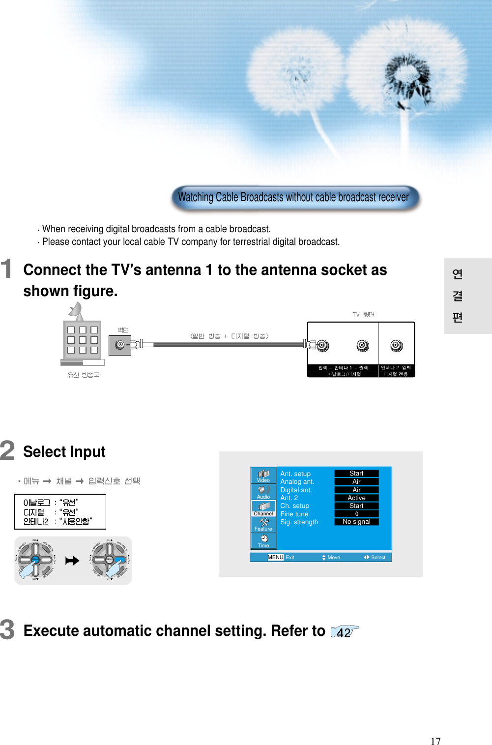 17CHCHVOLVOLMULTIMEDIAS.EFFECTMENUPREVCHSCREENSIZECHCHVOLVOLMULTIMEDIAS.EFFECTMENUPREVCHSCREENSIZE1Connect the TV&apos;s antenna 1 to the antenna socket asshown ﬁgure.VideoChannelMENUAudioFeatureTimeExit Move SelectAnt. setupAnalog ant.Digital ant.Ant. 2Ch. setupFine tuneSig. strengthStartAirAirActiveStartNo signal2Select InputWhen receiving digital broadcasts from a cable broadcast.Please contact your local cable TV company for terrestrial digital broadcast.Watching Cable Broadcasts without cable broadcast receiver3Execute automatic channel setting. Refer to 