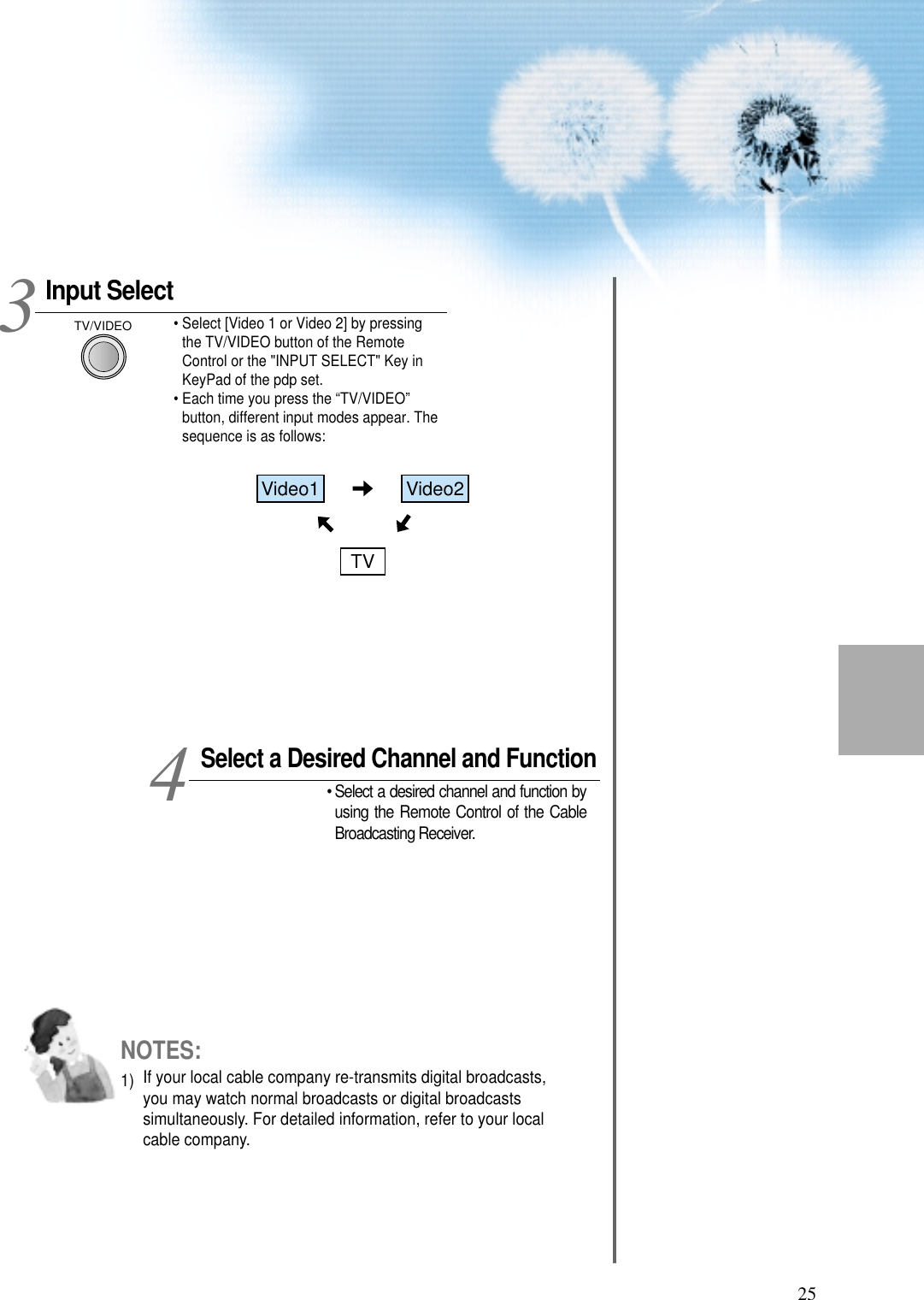 25Input SelectTV/VIDEO• Select [Video 1 or Video 2] by pressingthe TV/VIDEO button of the RemoteControl or the &quot;INPUT SELECT&quot; Key inKeyPad of the pdp set.• Each time you press the “TV/VIDEO”button, different input modes appear. Thesequence is as follows: Select a Desired Channel and Function• Select a desired channel and function byusing the Remote Control of the CableBroadcasting Receiver.34NOTES:1)  If your local cable company re-transmits digital broadcasts,you may watch normal broadcasts or digital broadcastssimultaneously. For detailed information, refer to your localcable company.Video1 Video2TV