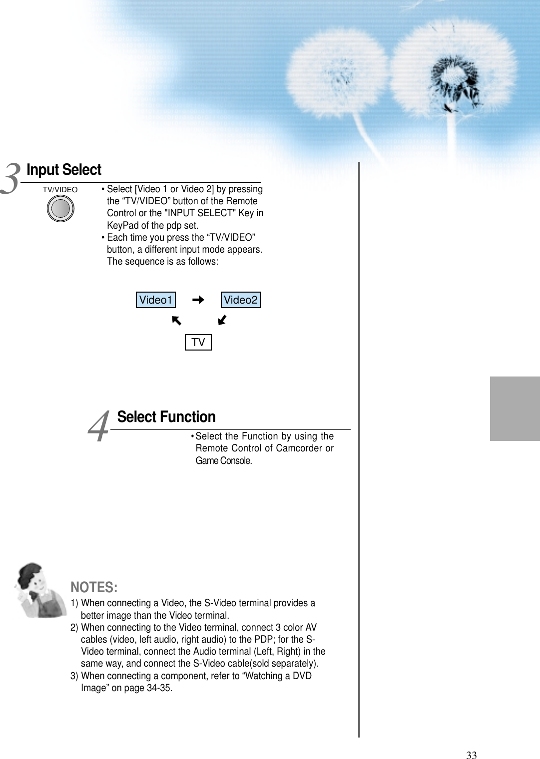 33Input SelectTV/VIDEO• Select [Video 1 or Video 2] by pressingthe “TV/VIDEO” button of the RemoteControl or the &quot;INPUT SELECT&quot; Key inKeyPad of the pdp set.• Each time you press the “TV/VIDEO”button, a different input mode appears.The sequence is as follows:Select Function• Select the Function by using theRemote Control of Camcorder orGame Console.34NOTES:1) When connecting a Video, the S-Video terminal provides abetter image than the Video terminal.2) When connecting to the Video terminal, connect 3 color AVcables (video, left audio, right audio) to the PDP; for the S-Video terminal, connect the Audio terminal (Left, Right) in thesame way, and connect the S-Video cable(sold separately).3) When connecting a component, refer to “Watching a DVDImage” on page 34-35.Video1 Video2TV