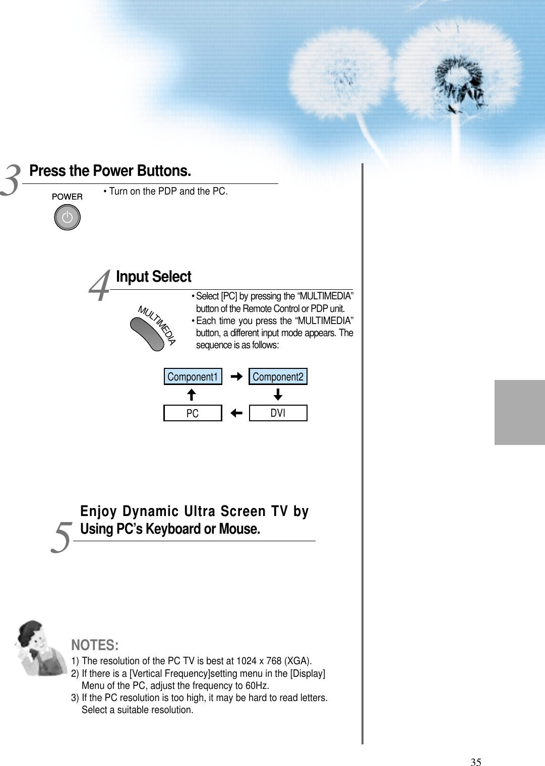 35Input SelectMULTIMEDIA• Select [PC] by pressing the “MULTIMEDIA”button of the Remote Control or PDP unit.• Each time you press the “MULTIMEDIA”button, a different input mode appears. Thesequence is as follows: Enjoy Dynamic Ultra Screen TV byUsing PC’s Keyboard or Mouse.45Press the Power Buttons.• Turn on the PDP and the PC.3NOTES:1) The resolution of the PC TV is best at 1024 x 768 (XGA).2) If there is a [Vertical Frequency]setting menu in the [Display]Menu of the PC, adjust the frequency to 60Hz.3) If the PC resolution is too high, it may be hard to read letters.Select a suitable resolution.Component1DVIPCComponent2POWERPOWER