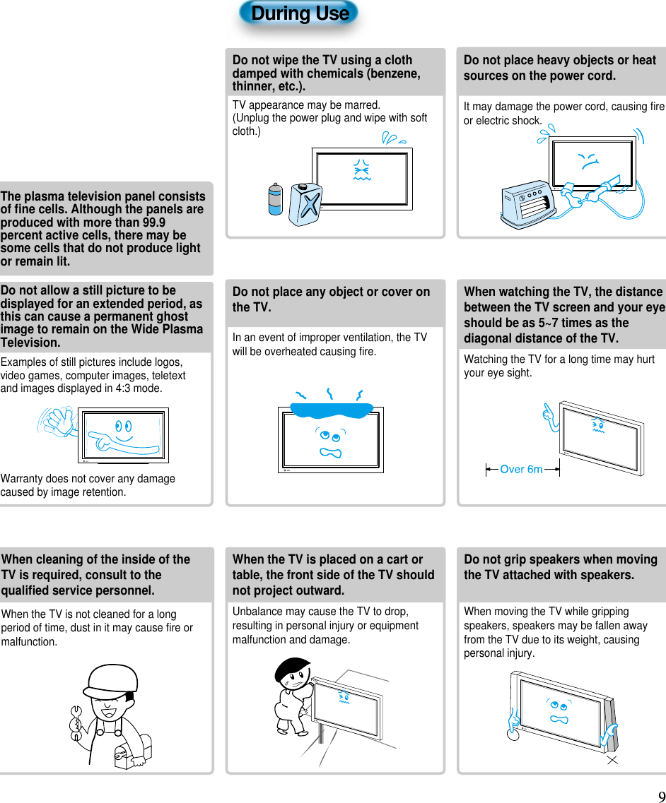 99During UseDo not wipe the TV using a clothdamped with chemicals (benzene,thinner, etc.).TV appearance may be marred.(Unplug the power plug and wipe with softcloth.)Do not place any object or cover onthe TV.In an event of improper ventilation, the TVwill be overheated causing ﬁre.Do not place heavy objects or heatsources on the power cord. It may damage the power cord, causing ﬁreor electric shock.When watching the TV, the distancebetween the TV screen and your eyeshould be as 5~7 times as thediagonal distance of the TV.Watching the TV for a long time may hurtyour eye sight.When cleaning of the inside of theTV is required, consult to thequaliﬁed service personnel.When the TV is not cleaned for a longperiod of time, dust in it may cause ﬁre ormalfunction.When the TV is placed on a cart ortable, the front side of the TV shouldnot project outward.Unbalance may cause the TV to drop,resulting in personal injury or equipmentmalfunction and damage.Do not grip speakers when movingthe TV attached with speakers.When moving the TV while grippingspeakers, speakers may be fallen awayfrom the TV due to its weight, causingpersonal injury.Do not allow a still picture to bedisplayed for an extended period, asthis can cause a permanent ghostimage to remain on the Wide PlasmaTelevision.Examples of still pictures include logos,video games, computer images, teletextand images displayed in 4:3 mode.Warranty does not cover any damagecaused by image retention.The plasma television panel consistsof ﬁne cells. Although the panels areproduced with more than 99.9percent active cells, there may besome cells that do not produce lightor remain lit.