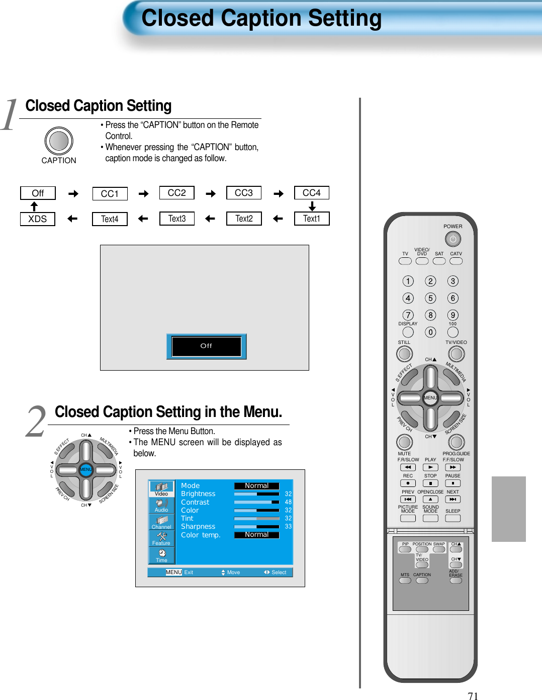 71Closed Caption SettingCAPTION• Press the “CAPTION” button on the RemoteControl.• Whenever pressing the “CAPTION” button,caption mode is changed as follow.Closed Caption Setting in the Menu.CHCHVOLVOLMULTIMEDIAS.EFFECTMENUPREVCHSCREENSIZE• Press the Menu Button.• The MENU screen will be displayed asbelow.12Closed Caption SettingVideoChannelMENUAudioFeatureTimeExit Move SelectNormalNormalModeBrightnessContrastColorTintSharpnessColor temp.CC2Text3CC3Text2CC4Text1CC1OffText4XDSOffVIDEO/DVD SATTV CATVDISPLAYTV/VIDEOSTILLCHCHVOLVOLMULTIMEDIAS.EFFECTMENUPREVCHSCREENSIZEMUTE PROG.GUIDEF.F/SLOWPLAYF.R/SLOWREC STOP PAUSEPREVOPEN/CLOSENEXTPICTUREMODE SOUNDMODE SLEEPPOWERMTS CAPTIONPIP POSITION SWAPTV/VIDEOADD/ERASECHCH